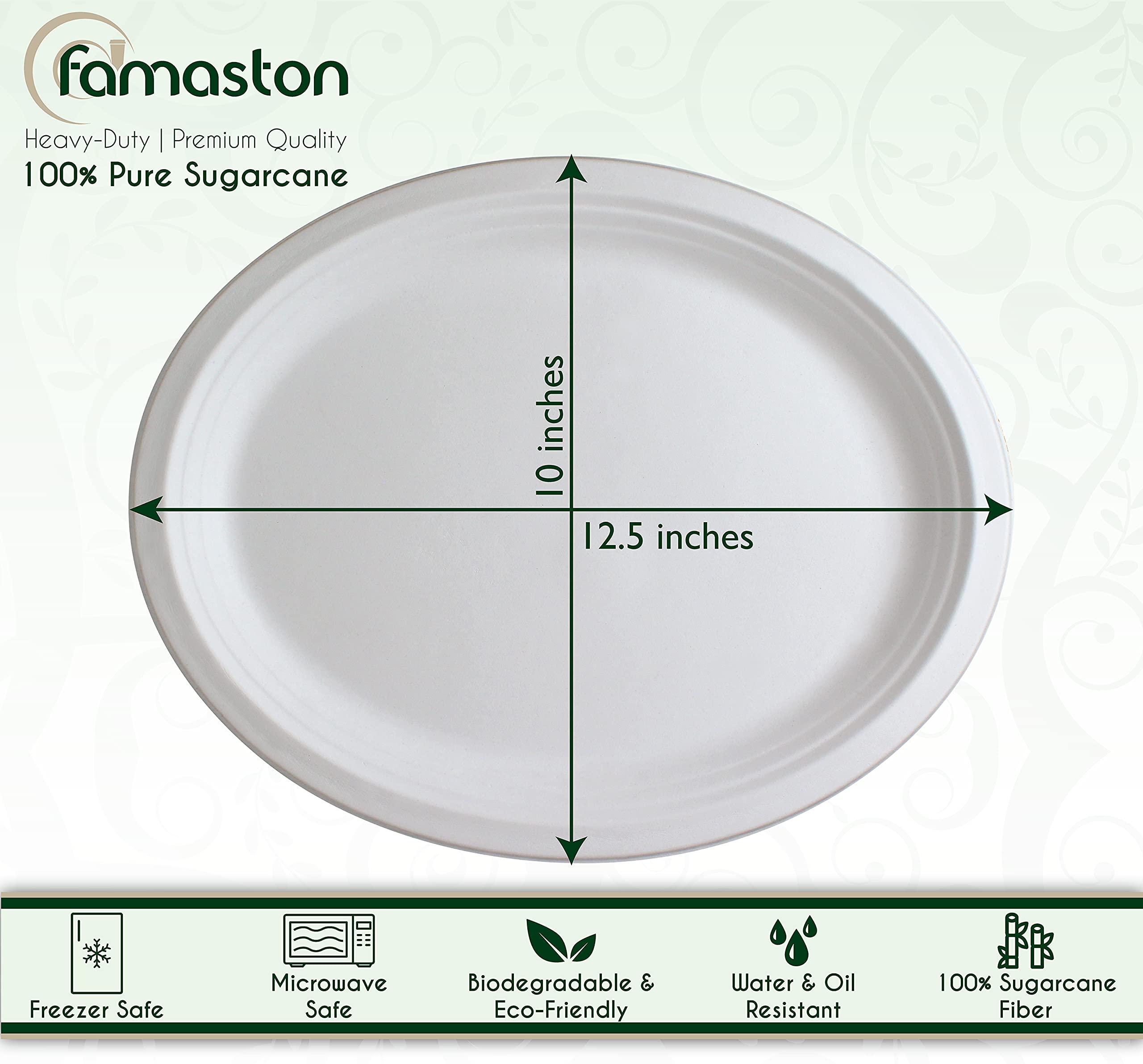 FAMASTON FAMASTON 24 pack Oval Paper Plates 12 inch 100% Compostable Heavy-Duty disposable extra large platters thanksgiving dinner party bulk 12\" biodegradable platos - White