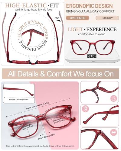 MARE AZZURO MARE AZZURO Oversized Reading Glasses 2.00 Women Large Square Readers 100 125 150 175 200 225 250 275 300 350 400 500 600 (Red, 2.0)