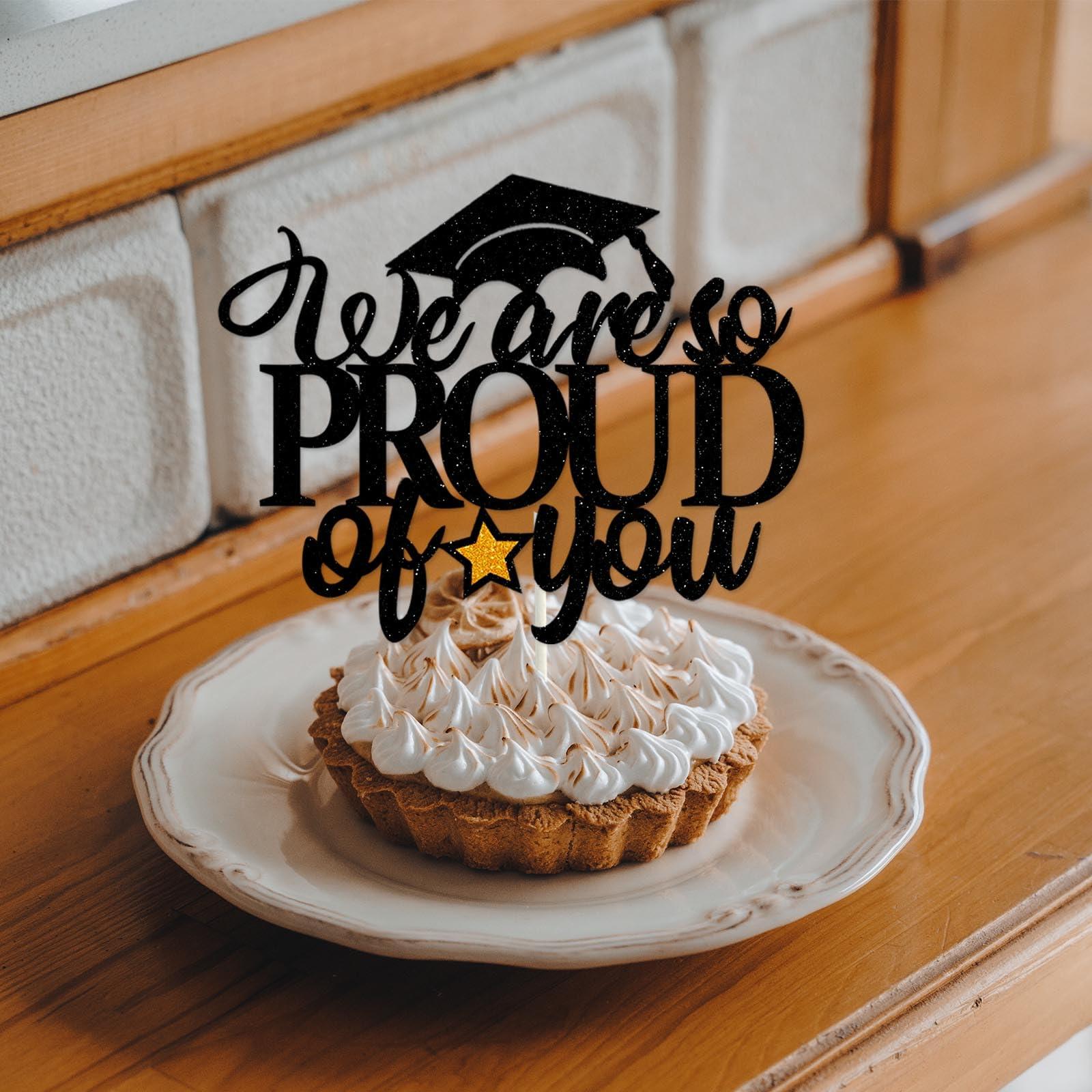 HokiiS We Are So Proud of You Cake Topper, Black Glitter Graduation Cake Pick with Gold Glitter Star for 2024 Congratulations Graduation Party Cake Decorations Supplies