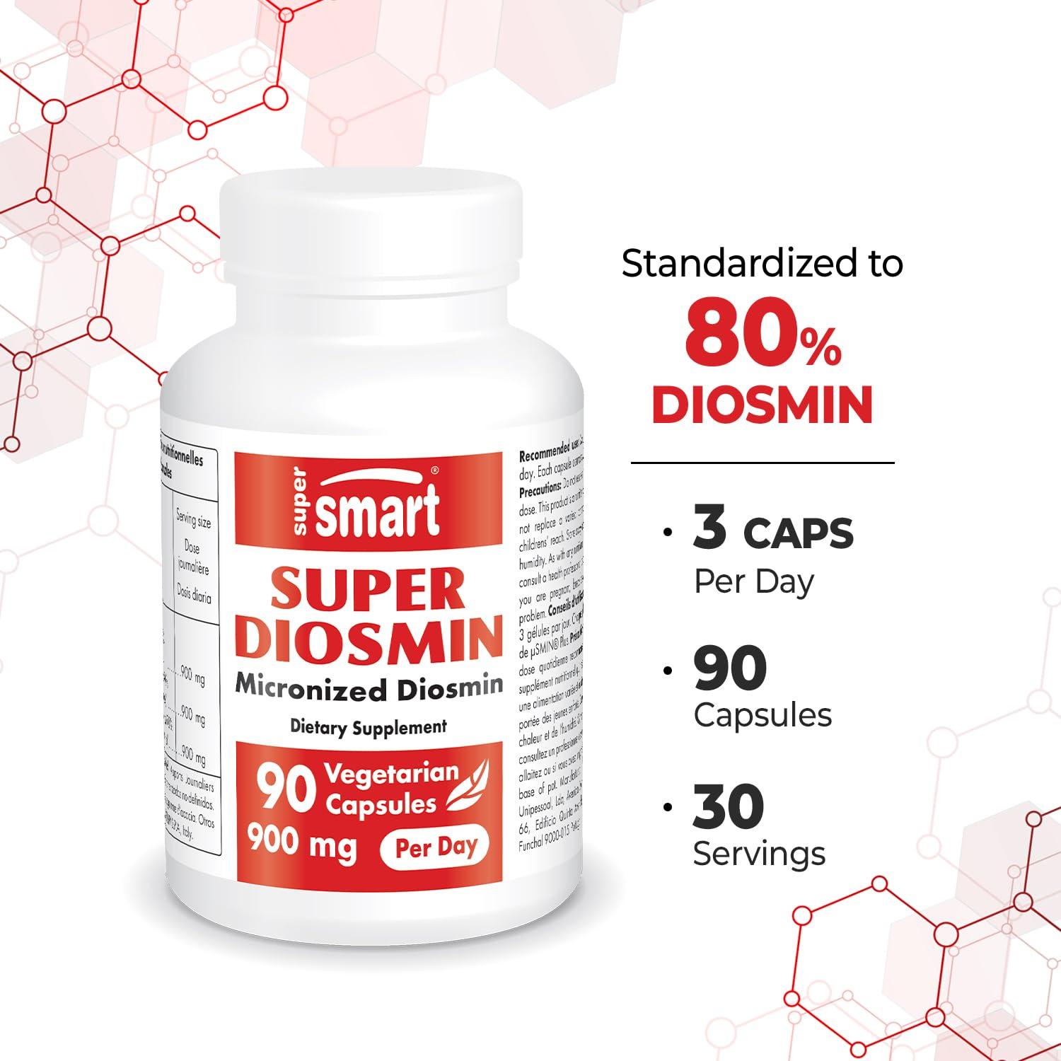Supersmart SuperSmart - Super Diosmin 900mg per Day (Patented Micronized Diosmin) - Diosmin from Hesperidin - 90% Flavonoid Complex Supplement | Non-GMO & Gluten Free - 90 Vegetarian Capsules