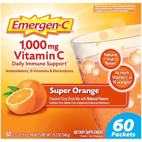 Emergen-C Emergen-C 1000mg Vitamin C Powder for Daily Immune Support Caffeine Free Vitamin C Supplements with Zinc and Manganese, B Vitamins and Electrolytes, Super Orange Flavor -60 Count(Pack of 1)