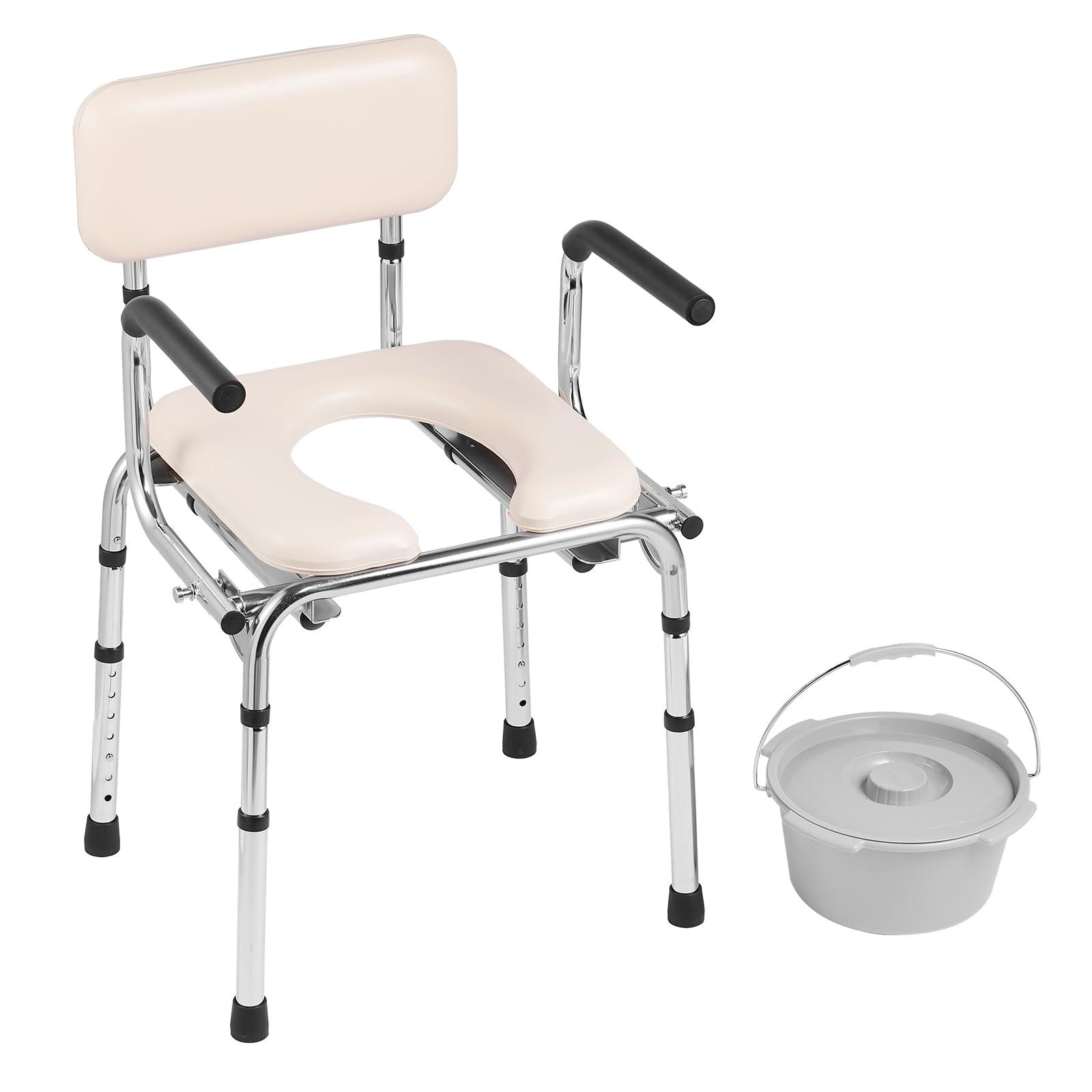 VEVOR VEVOR Commode Chair, Bedside Commode with Padded Seat, Drop-Down Arms, 7-Level Adjustable Height, 5.8L Removable Bucket, Easy to Assemble, 350LBS Capacity, Portable Toilet for Adults Seniors
