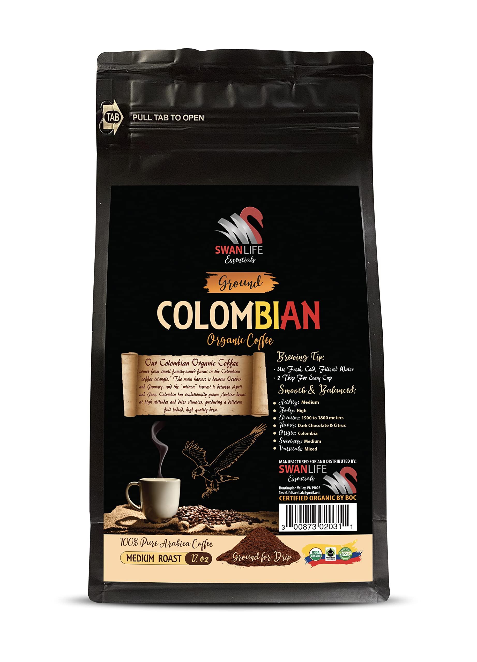 SWAN LIFE ESSENTIALS colombian coffee - COLOMBIAN GROUND COFFEE ORGANIC, medium roast, 100% pure arabica, acidity medium, fair trade - medium roast coffee ground, 1 Bag (12 Oz)