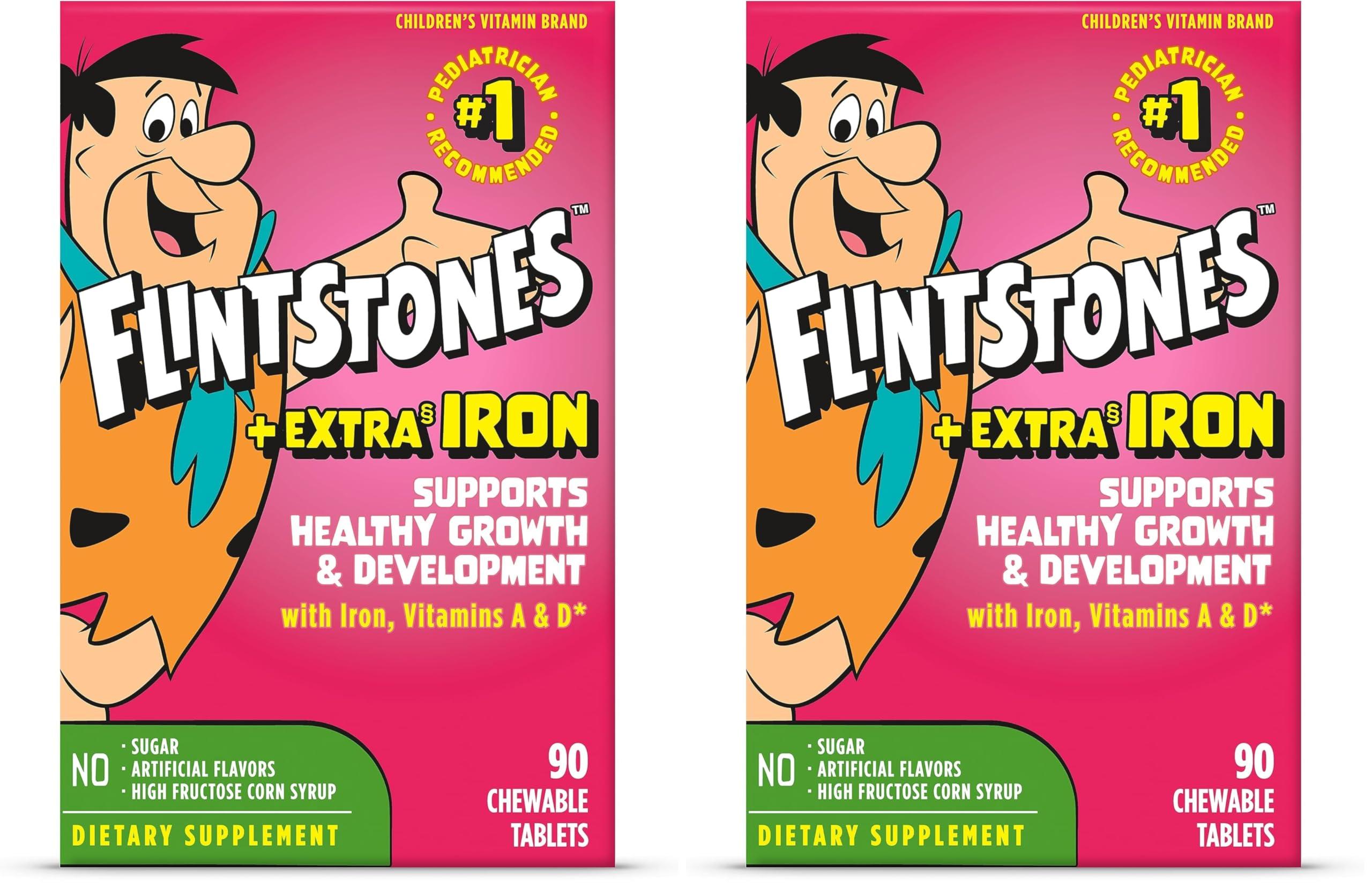 Flintstones Vitamins Flintstones Chewable Kids Multivitamin with Vitamin C, D, B12 & Iron for Toddlers, 90 Count (Pack of 2)
