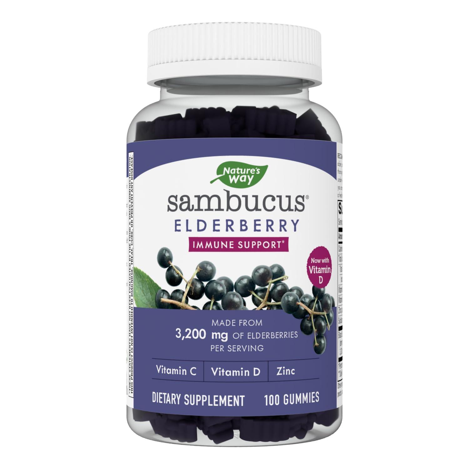 Nature's Way Nature\'s Way Sambucus Elderberry Gummies - Immune Support Supplement for Kids & Adults* - With Vitamins C, D3, Zinc & Antioxidant Support* - Gluten Free & Vegetarian - 100 Gummies