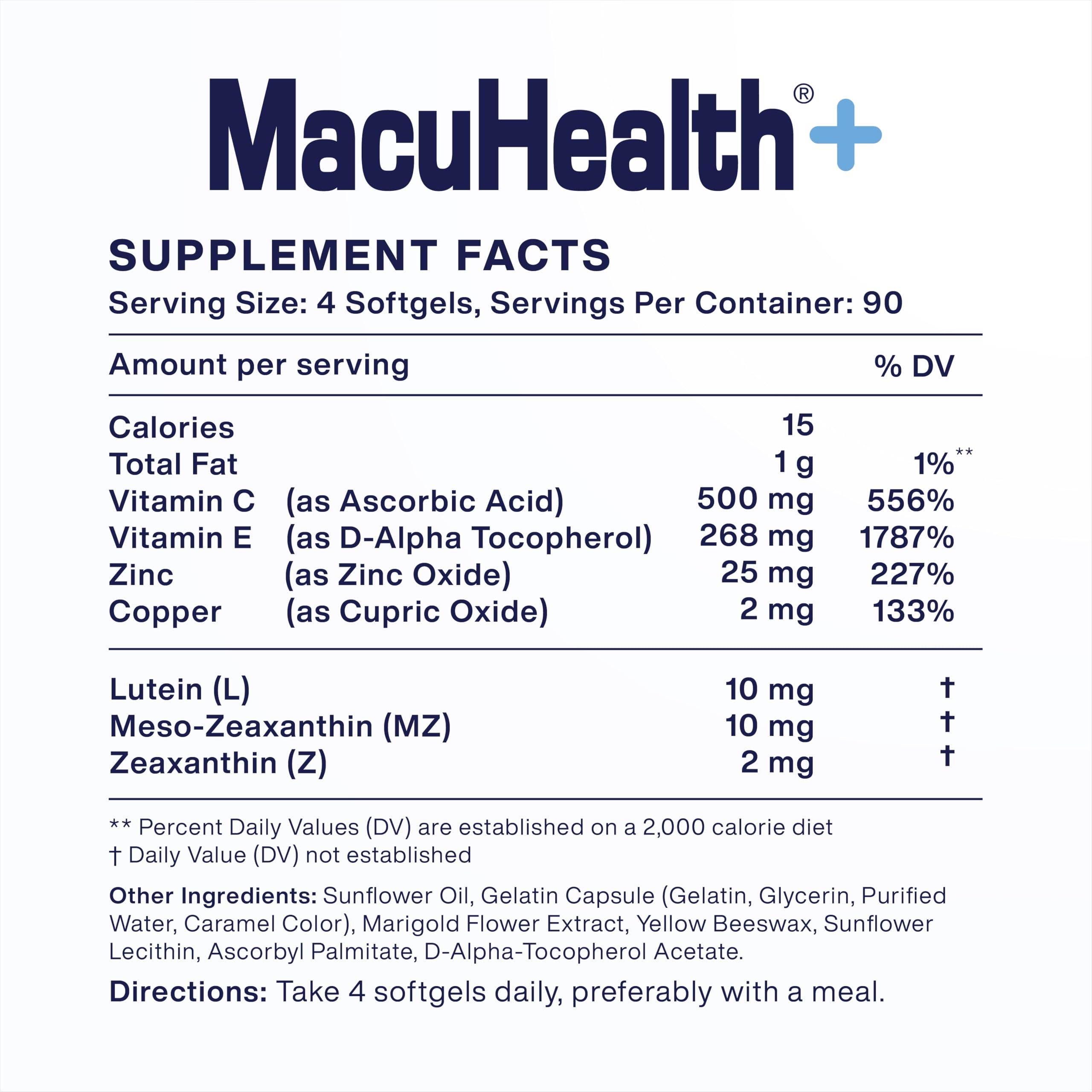 Macuhealth Macuhealth Plus+ Eye Vitamins Supplement for Adults - 90 Day Supply with Lutein, Zeaxanthin, and Meso-Zeaxanthin - Unflavored, Vitamin for Eyes