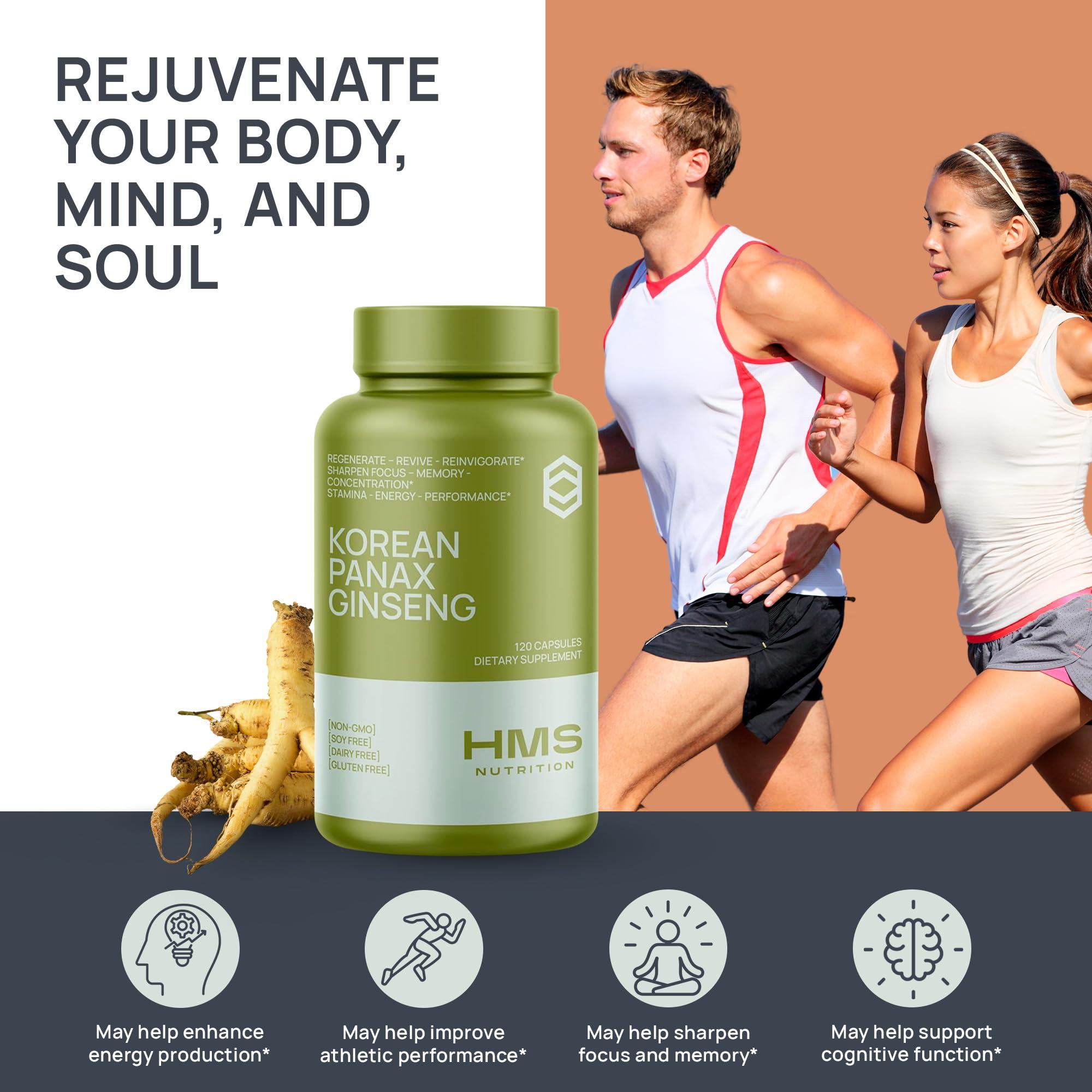 HMS Nutrition Korean Red Panax Ginseng 2000mg 120 Vegan Capsules Super Strength Extract - High Ginsenosides Supports Energy, Stamina, Performance and Mental Health