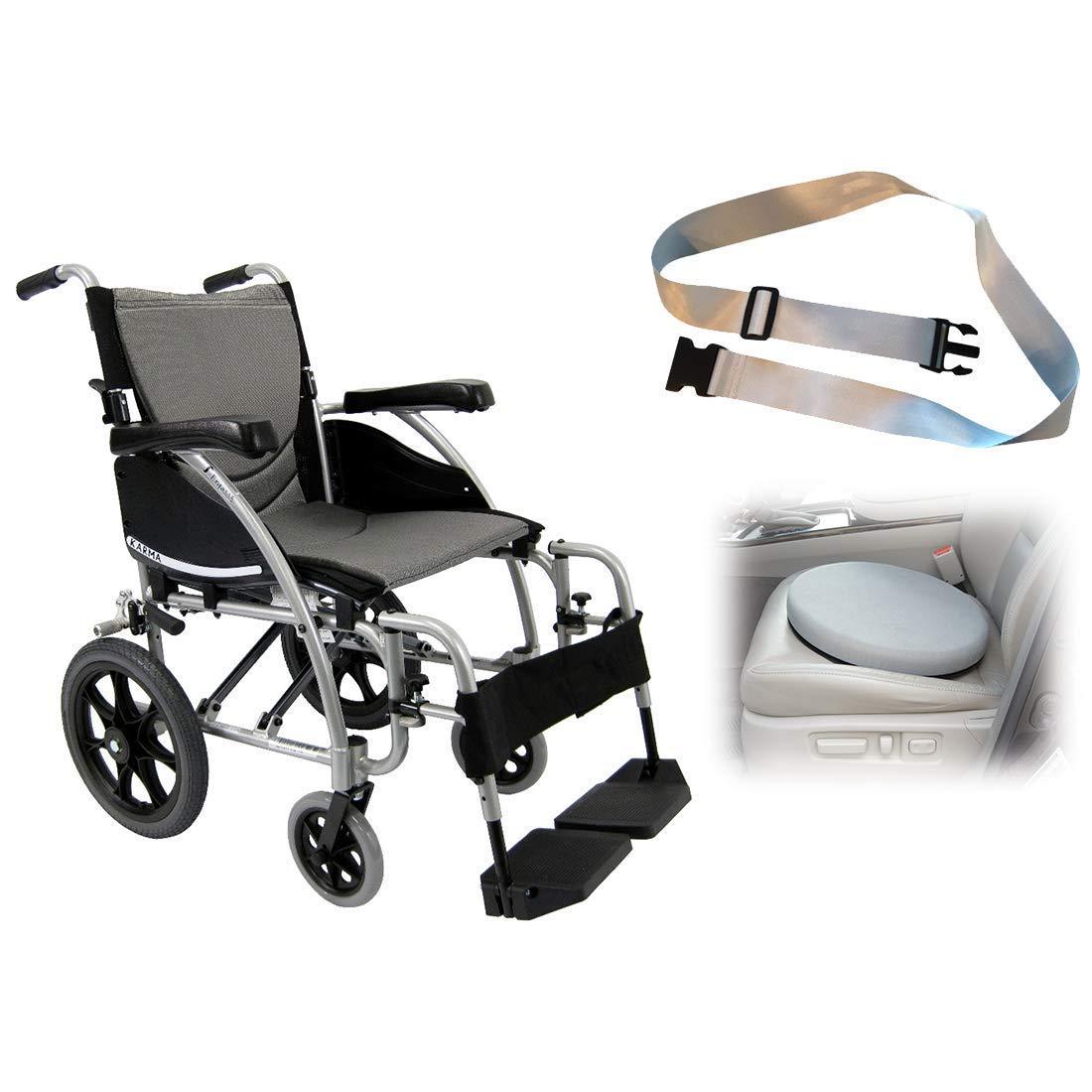Karman Healthcare Karman S-Ergo 115 Ergonomic Transport Wheelchair with Companion Wire Brakes, Swing Away Footrest, 18" Seat Width in Silver & Free Padded Swivel Seat Cushion + Silver Wheelchair Seatbelt!