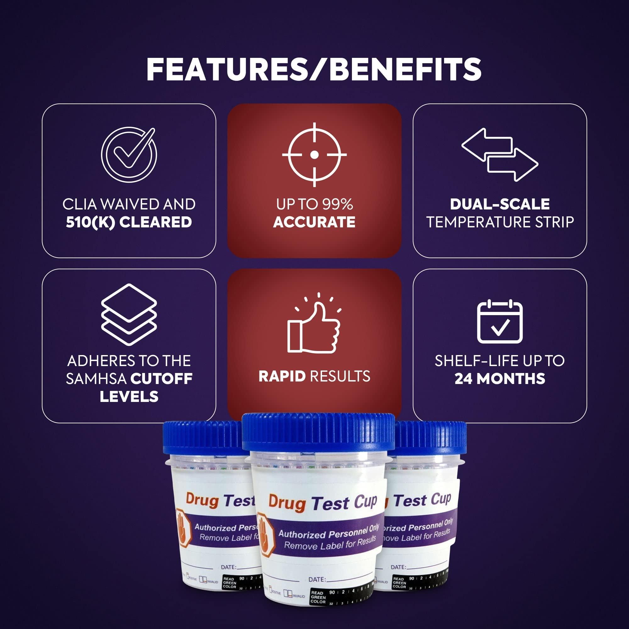 DIAGNOX HEALTH Accurate Urine Drug Test Kit - 14 Panel at Home Drug Test Cup with Clicker & Temperature Strip - CLIA Waived, 510k Cleared with SAMHSA Cutoff Levels [25 Test Cups]