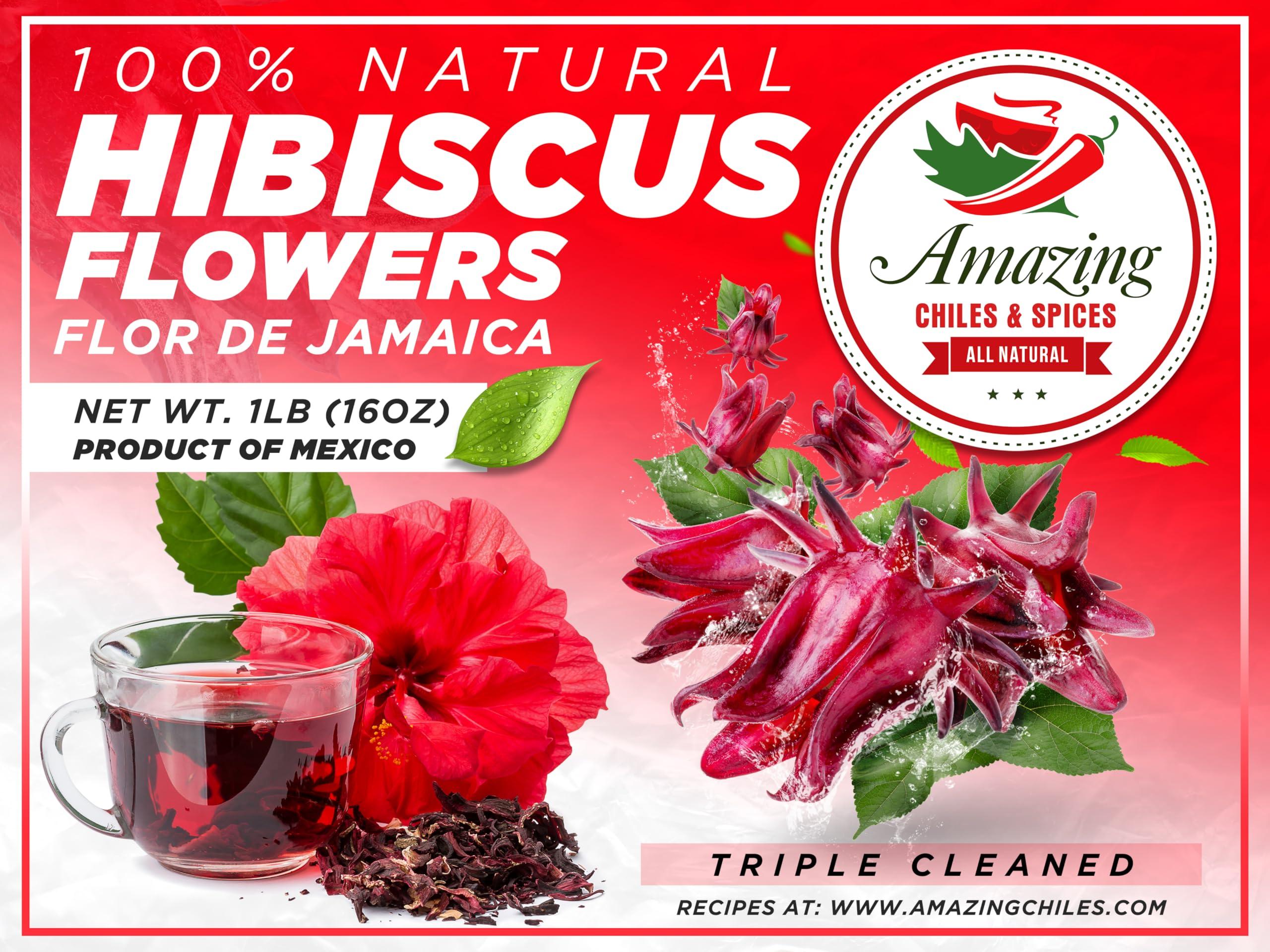 Amazing Chiles & Spices Hibiscus Flowers 2lb (32oz) – All Natural, Triple Cleaned - Whole Soft Flowers and Petals - Flor de Jamaica. Great for Hot or Iced Tea and Agua Fresca. By Amazing Chiles and Spices