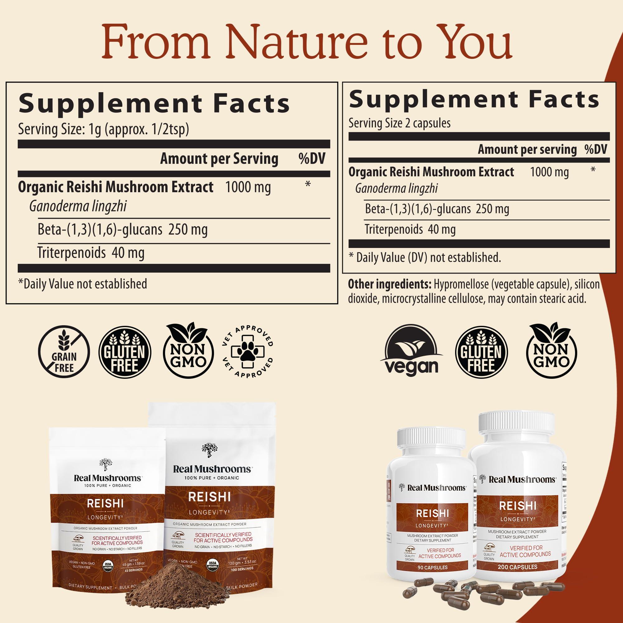 Real Mushrooms Real Mushrooms Reishi Capsules - Organic Mushroom Extract Supplement with Potent Red Vegan Supplement, Non-GMO, 90 Caps