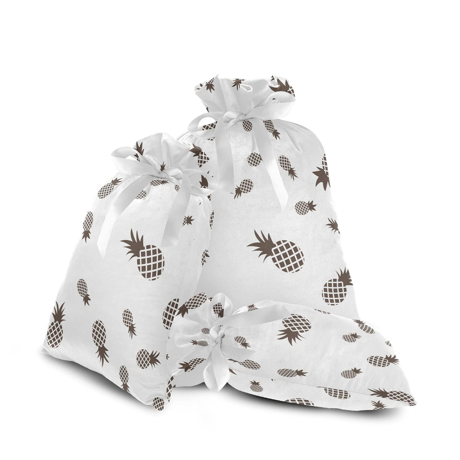 BEYODD Black and White Pineapple 3 Pack Christmas Gift Bags, Drawstring Xmas Bag, Gift Wrapper Bag for Holiday and Parties