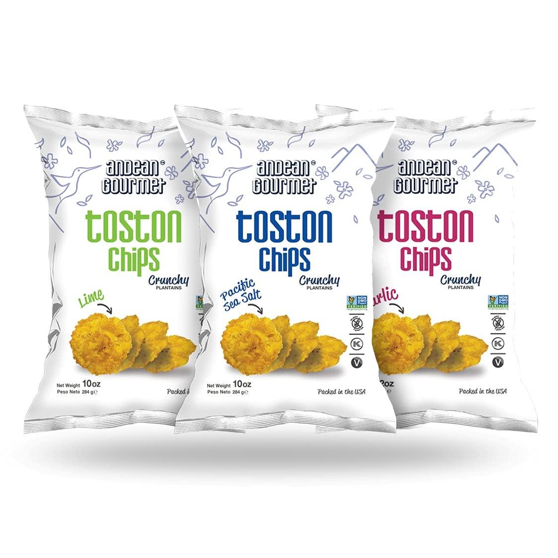 Andean Gourmet ANDEAN GOURMET Toston Chips 10oz (Pack of 3) Variety (Pacific Sea Salt, Garlic and Lime) - Gluten Free, All Natural, NON-GMO and Kosher - Plantain Dipping Chip