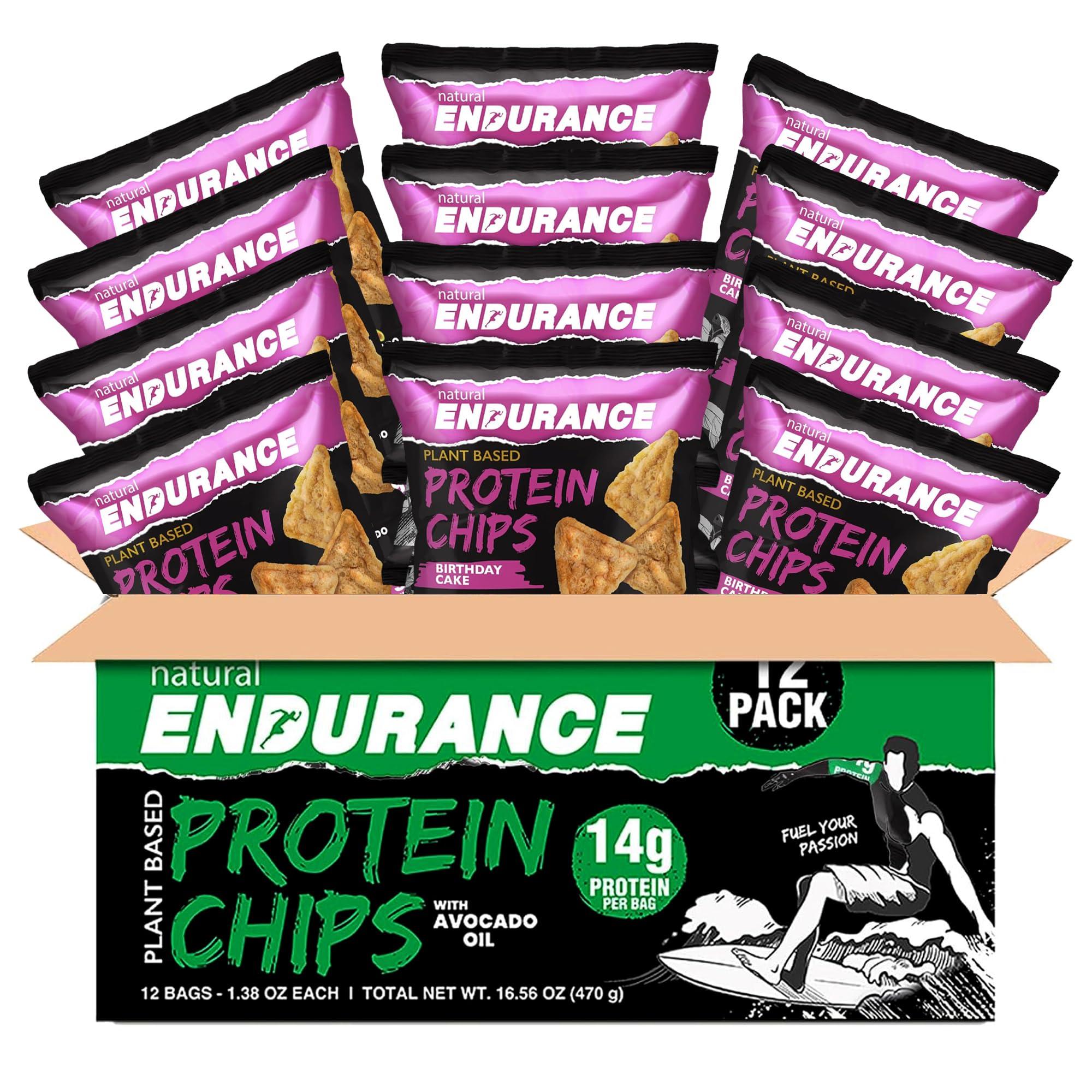 natural ENDURANCE Natural Endurance Protein Chips - Low Carb Chips, High Protein Snack, Vegan Protein with Avocado Oil, 14g Protein Per Bag, Gluten Free, Birthday Cake Flavor - 1.38 oz Bags (Pack of 12)