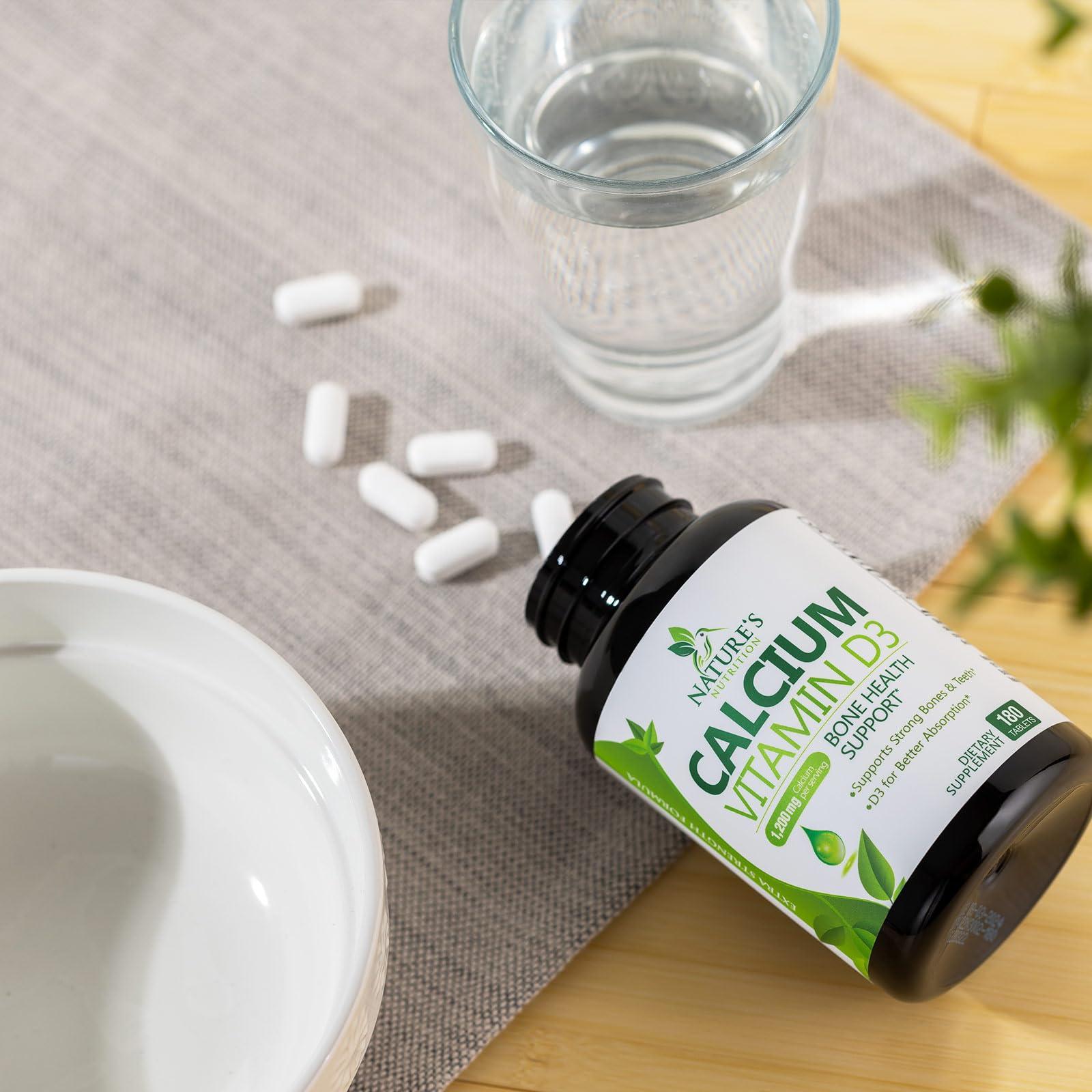 Nature's Nutrition Calcium 1200 mg with Vitamin D3, Calcium Supplement Vitamins, Supports Bone Strength, Teeth & Immune System, Calcium Supplements for Women & Men, Nature\'s Absorbable Calcium Carbonate - 180 Tablets