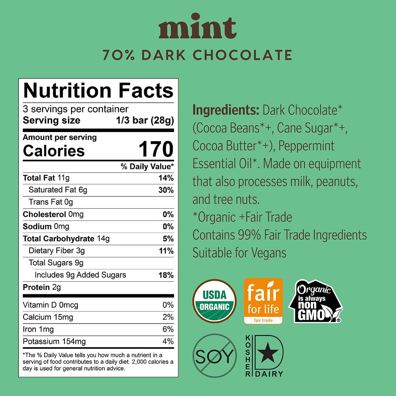 THEO Theo Chocolate Mint Organic Dark Chocolate Bar, 70% Cacao, 12 Pack | Vegan, Fair Trade