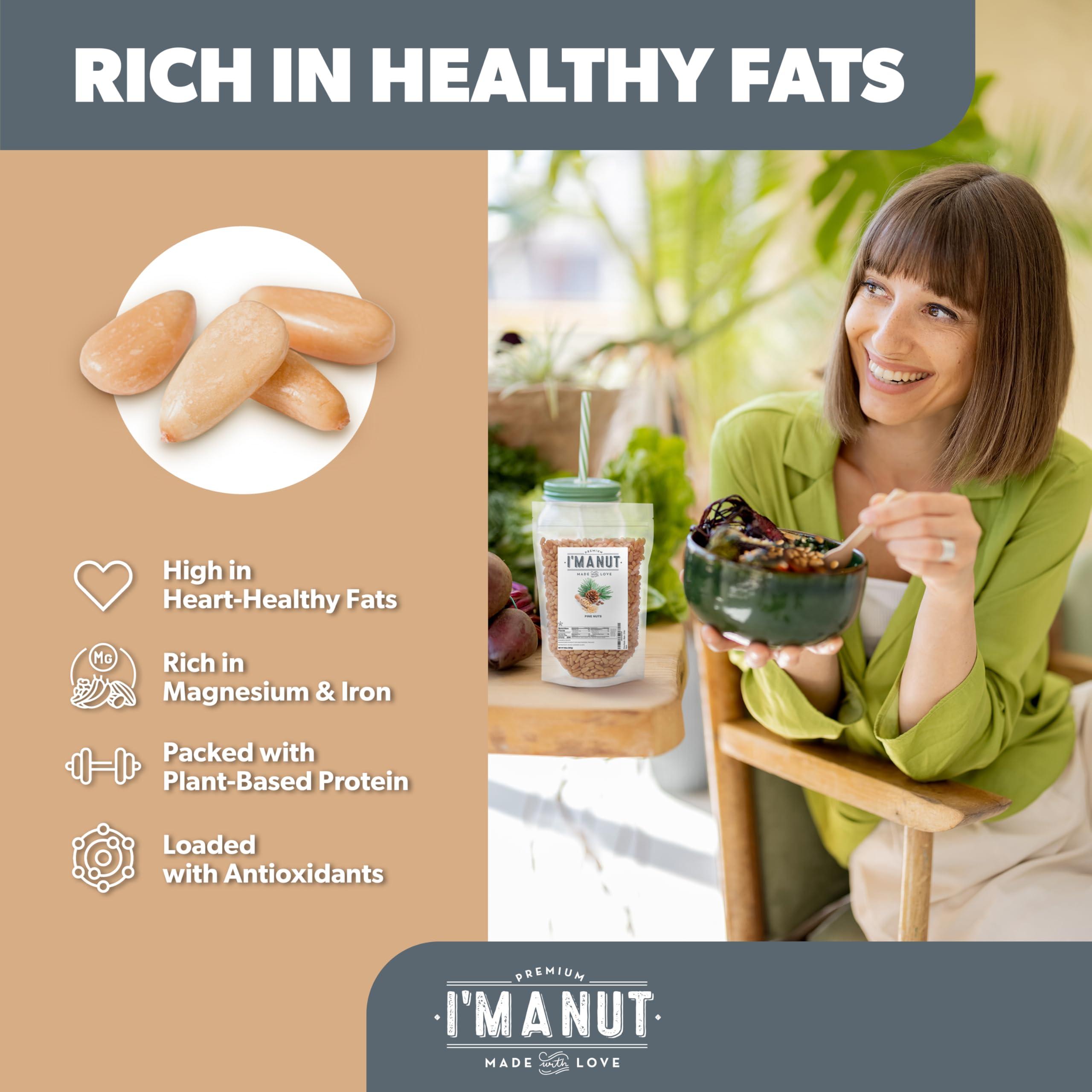 I'M A NUT Premium Raw Pine Nuts 48oz (3 lbs.) Non-GMO, No Additives Batch Tested Gluten & Peanut Free, Resealable Pouch for Freshness, Unsalted Pine Nuts - Perfect for Pesto, Salads, Gourmet Cooking and Baking