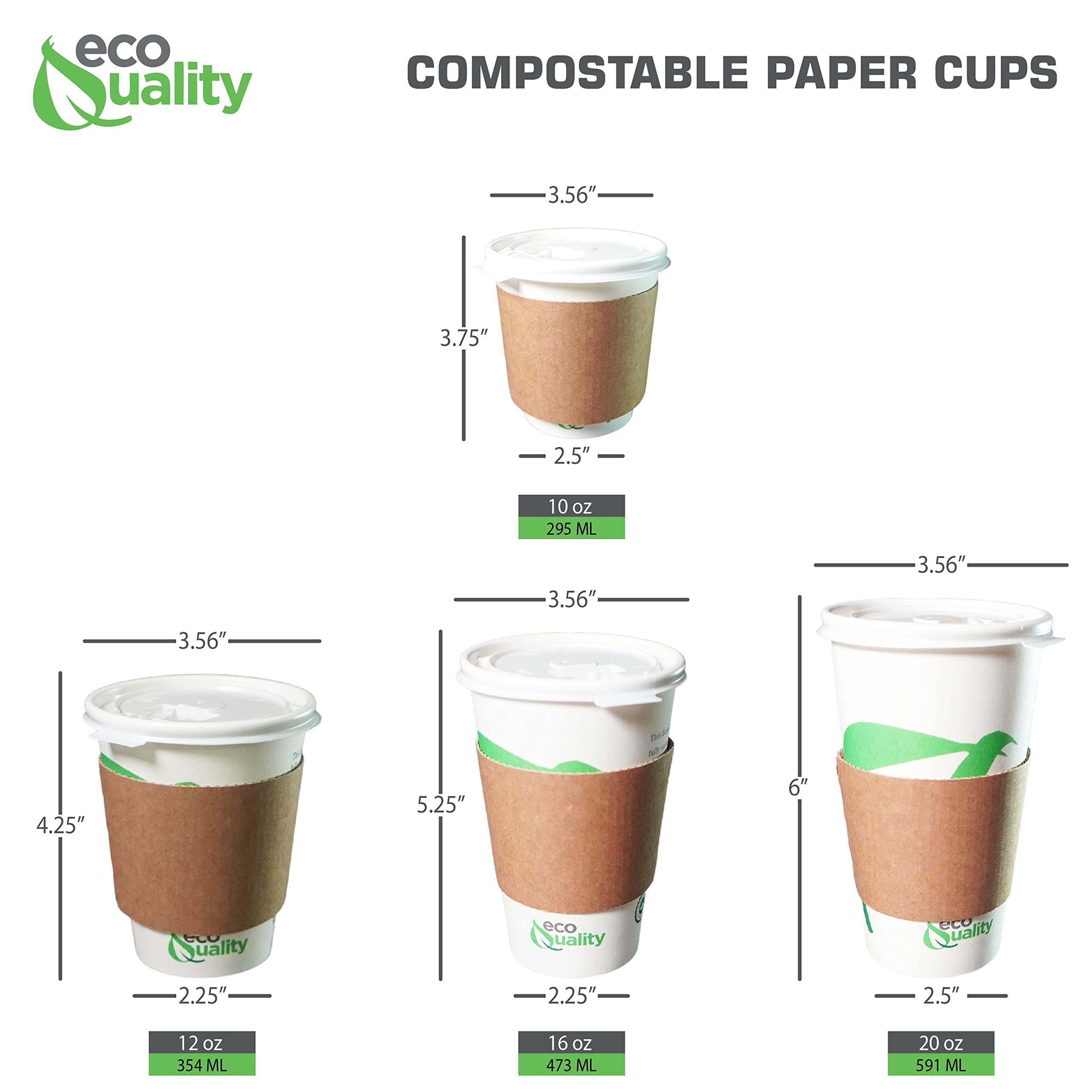 EcoQuality 12 oz Compostable Paper Cups with White Flat Lids, Sleeves and Wooden Stirrers - Biodegradable Disposable White Paper Coffee Cups PLA Lined - Eco-friendly Hot and Cold Drinking Cups (1000)