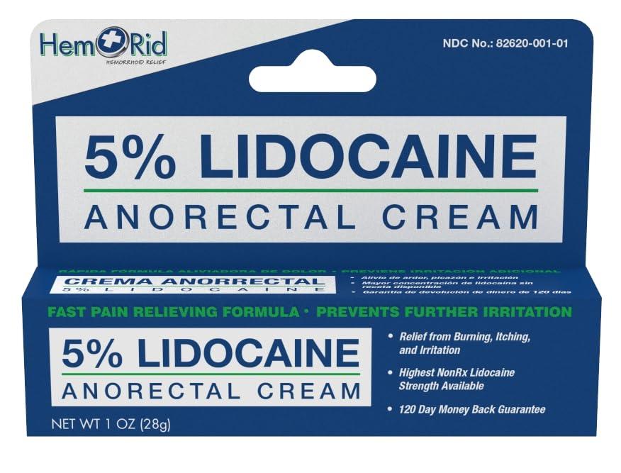 HemRid Maximum Strength Lidocaine Cream for Pain Management. Fast-Acting Hemorrhoid Solution with 5% Lidocaine. Instant Anal Itch and Numbing Effect