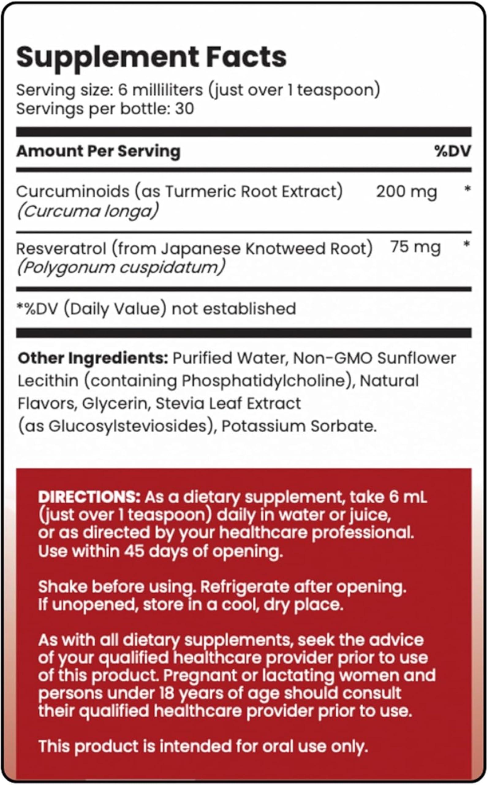 Rho Nutrition Rho Nutrition Liposomal Curcumin + Resveratrol (1 Pack) Ultra High Absorption Liquid Curcumin Supplement Promotes Joint Comfort, Mobility, Cellular Health and Overall Well-Being