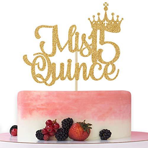Bytorjar Mis Quince 15 Cake Topper, Hello 15, Cheers to 15 Years, 15th Birthday/Anniversary Party Decorations Gold Glitter.