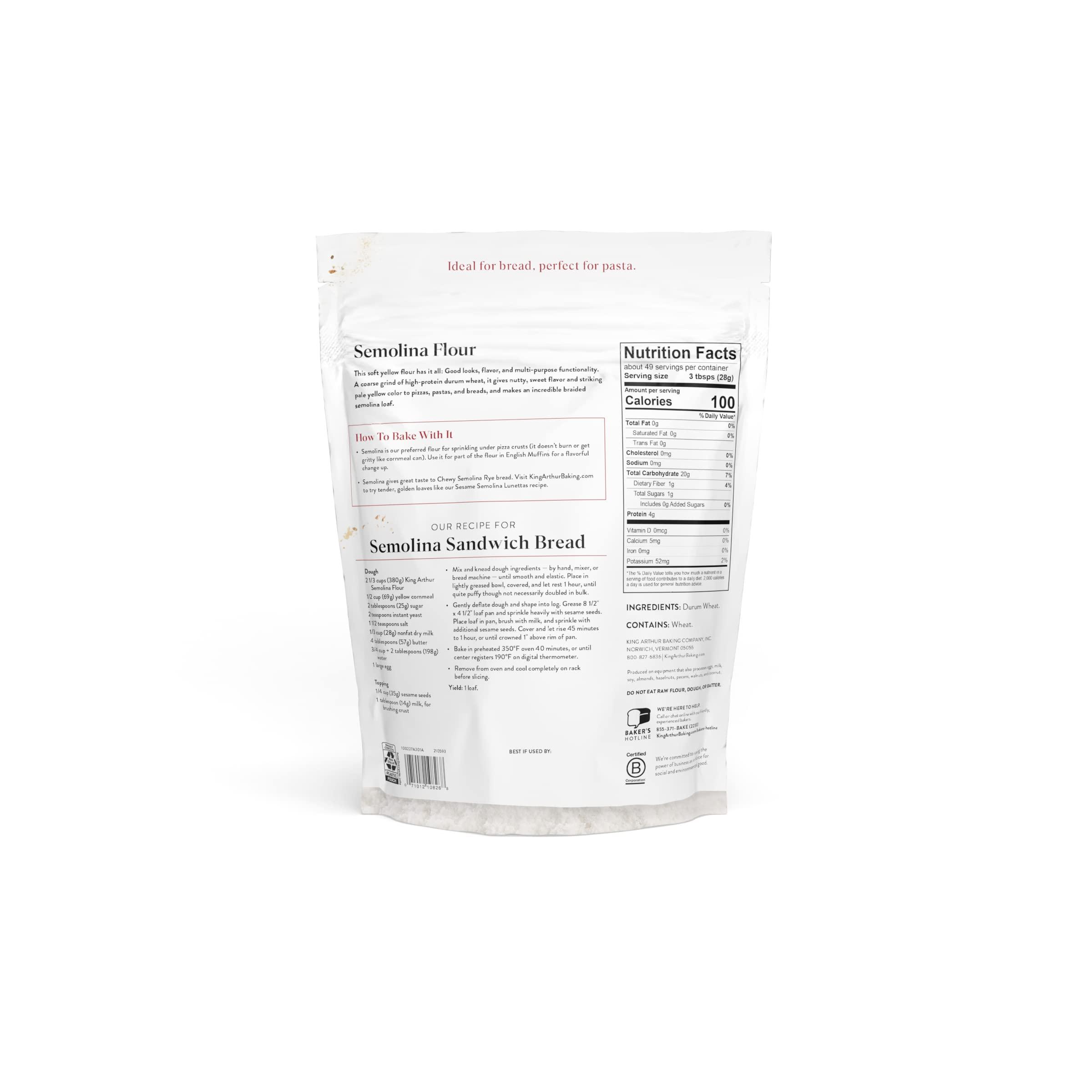 King Arthur King Arthur Premium Semolina Flour: Coarse Ground, High Protein Durum Wheat for Perfect Pasta, Pizza, and Bread Making - Kosher, 3 lbs Resealable Bag, USA-Grown Wheat, Versatile Baking Ingredient
