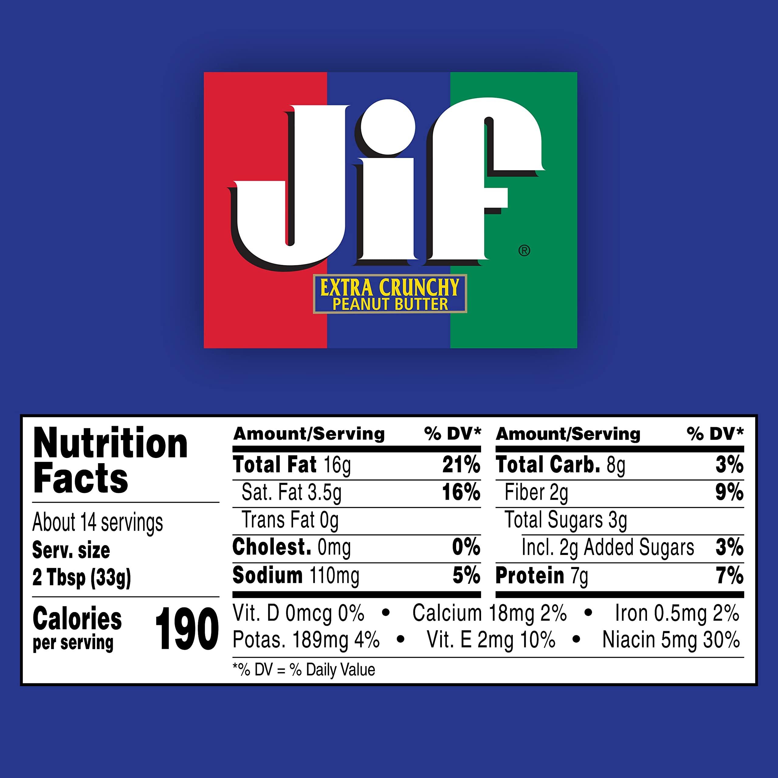 Jif Jif Extra Crunchy Peanut Butter, 40 Ounces, 7g (7% DV) of Protein per Serving, Packed with Peanuts for Extra Crunch, No Stir Peanut Butter