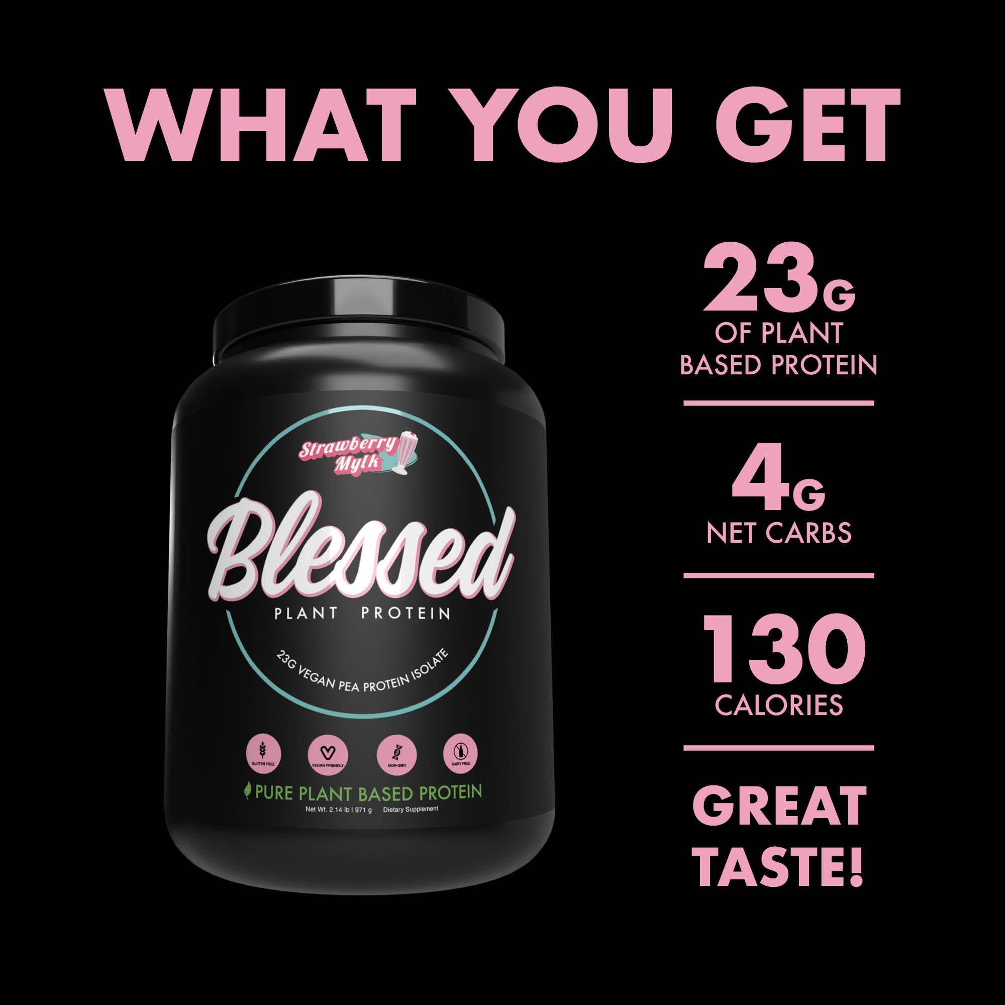 BLESSED BLESSED Vegan Protein Powder - Plant Based Protein Powder Meal Replacement Protein Shake, 23g of Pea Protein Powder, Dairy Free, Gluten Free, Soy Free, No Sugar Added, 30 Servings (Strawberry Mylk)