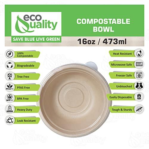 EcoQuality [400 Pack] 16 oz Compostable Paper Bowls with Lids Heavy-Duty Disposable Bowls, Eco-Friendly Natural Bagasse Unbleached, Hot or Cold Use, 100% Biodegradable Soup Bowls Sugarcane