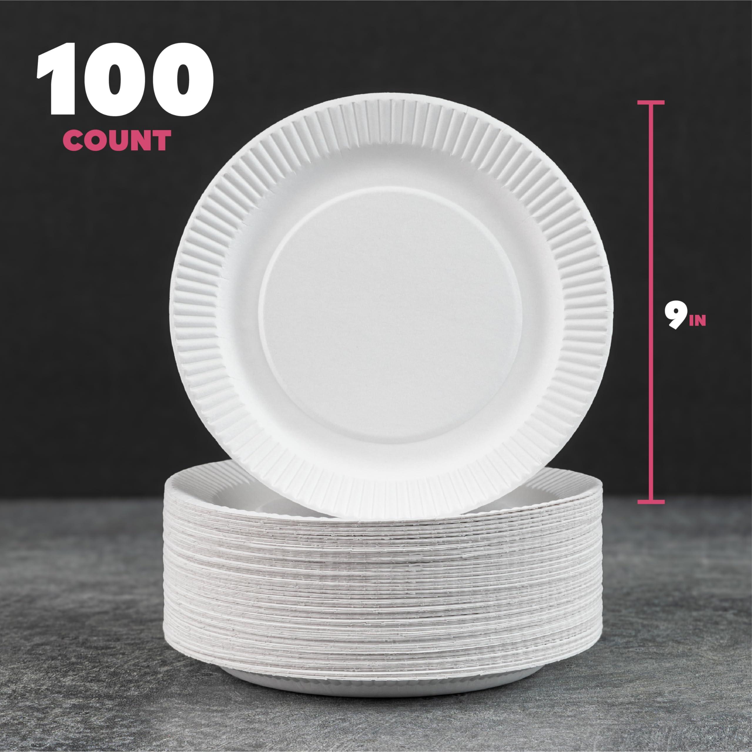 XpressPak XpressPak Paper Plates - [100-Pack] - (9-Inch Round) - Lightweight Uncoated 9 Inch Disposable Paper Plates - For Crafts, Events, Projects, Dry Foods & General Use