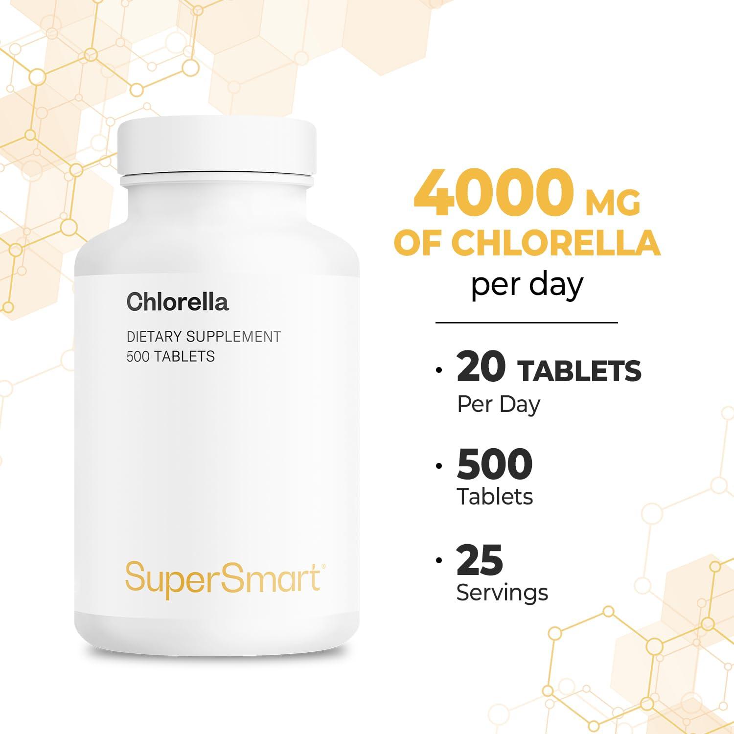 super smart Supersmart - Chlorella Supplement 4 g per Day (Easy-to-Take) - Rich in Vitamin B2, B9, B12 & Iron - High Chlorophyll Concentration | Non-GMO & Gluten Free - 500 Tablets