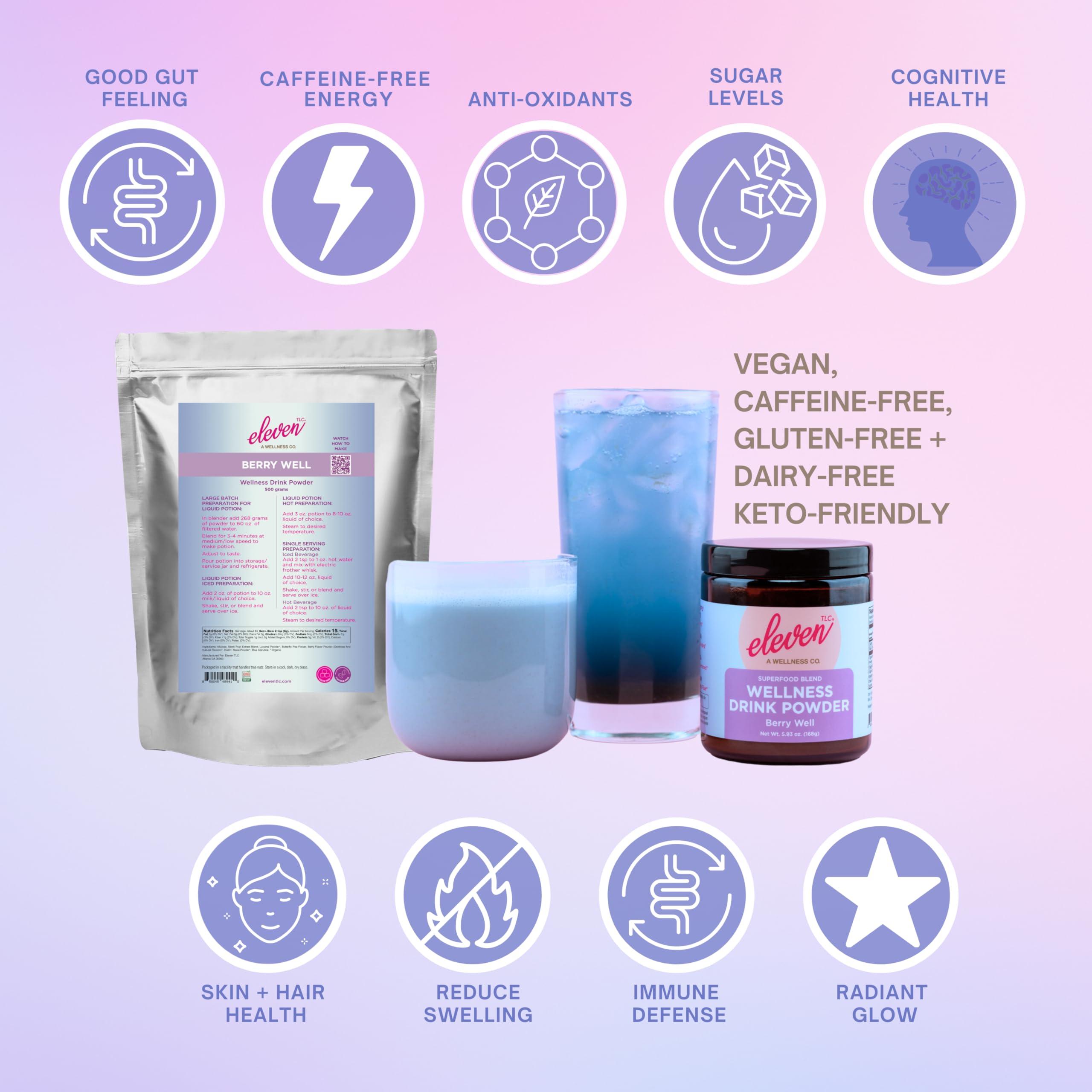 ELEVEN TLC A WELLNESS CO. Eleven TLC, Berry Well Superfood Wellness Drink Latte + Mix, Caffeine-Free, or Herbal Tea, Blue Spirulina, Blue Butterfly Pea Flower, Organic Maca, Keto Friendly, Vegan, 63 Servings