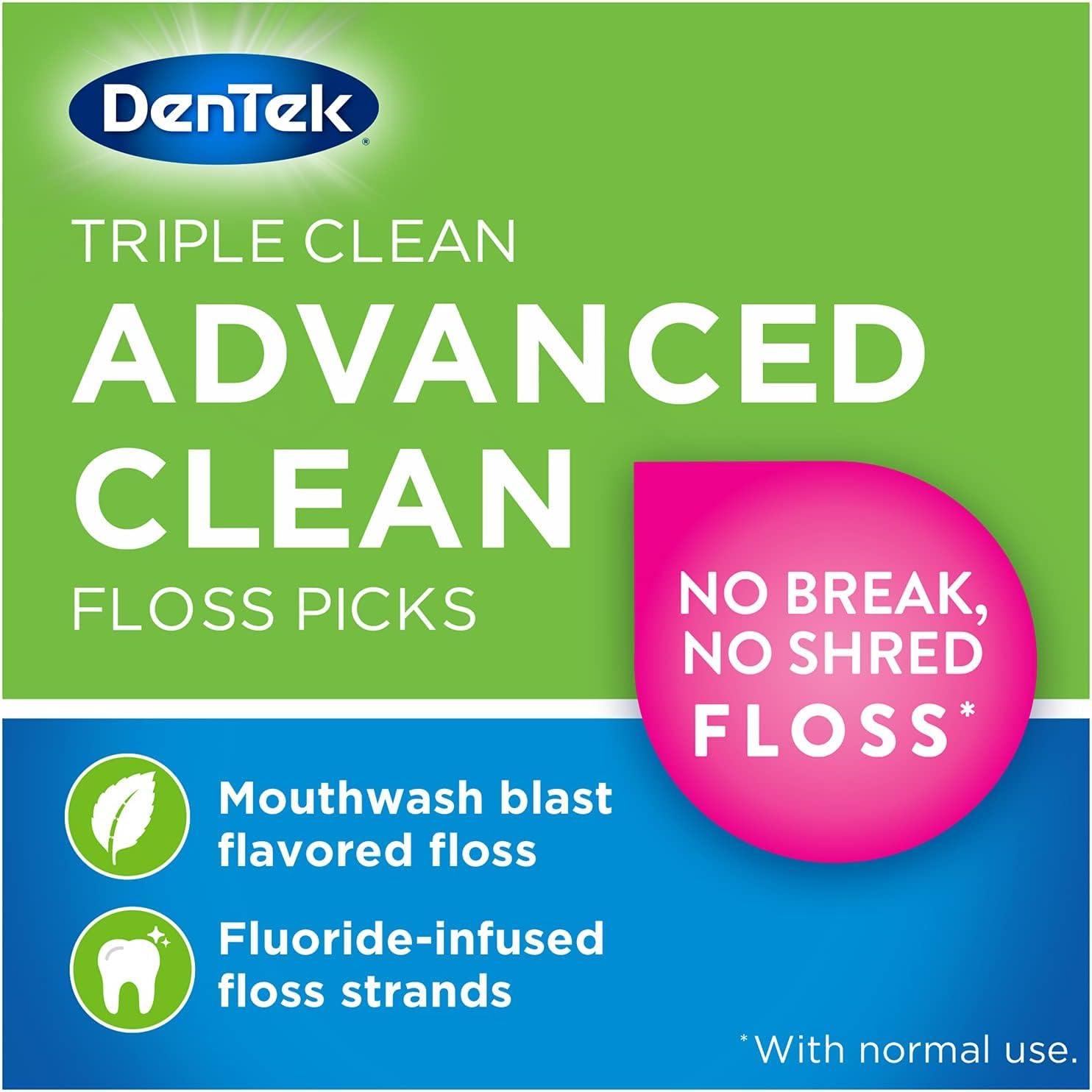 DenTek DenTek Triple Clean Advanced Clean Floss Picks, No Break & No Shred Floss, 90 Count, (Pack of 1)