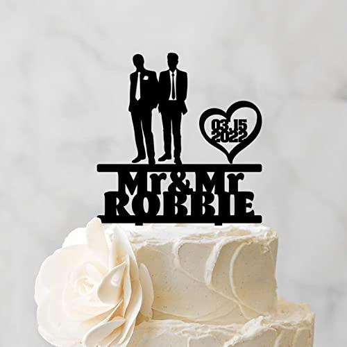 BYRON HOYLE Gay Cake Toppers Grooms Wedding Silhouette Same Sex Mr & Mr Rustic Wedding Cake Toppers with Heart Personalized LGBTQ Gay Rustic Cake Topper His And His Wedding Cake Decor LGBT Black Acrylic Topper