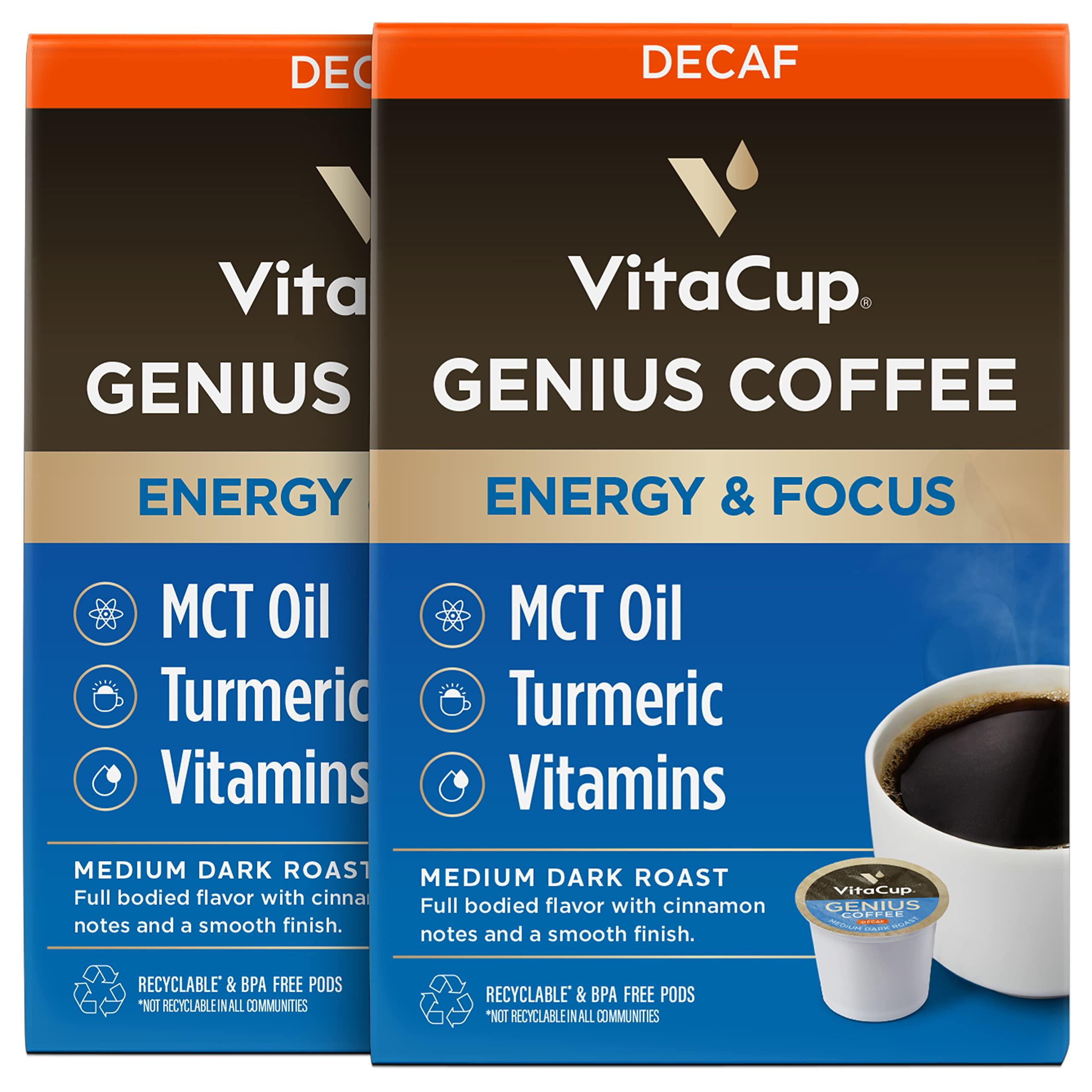 VitaCup Decaf Genius Keto Coffee Pods with MCT Oil, Turmeric, and B Vitamins by VitaCup for Focus in Recyclable Single Serve Pod Compatible with K-Cup Brewers Including Keurig 2.0, 32 CT