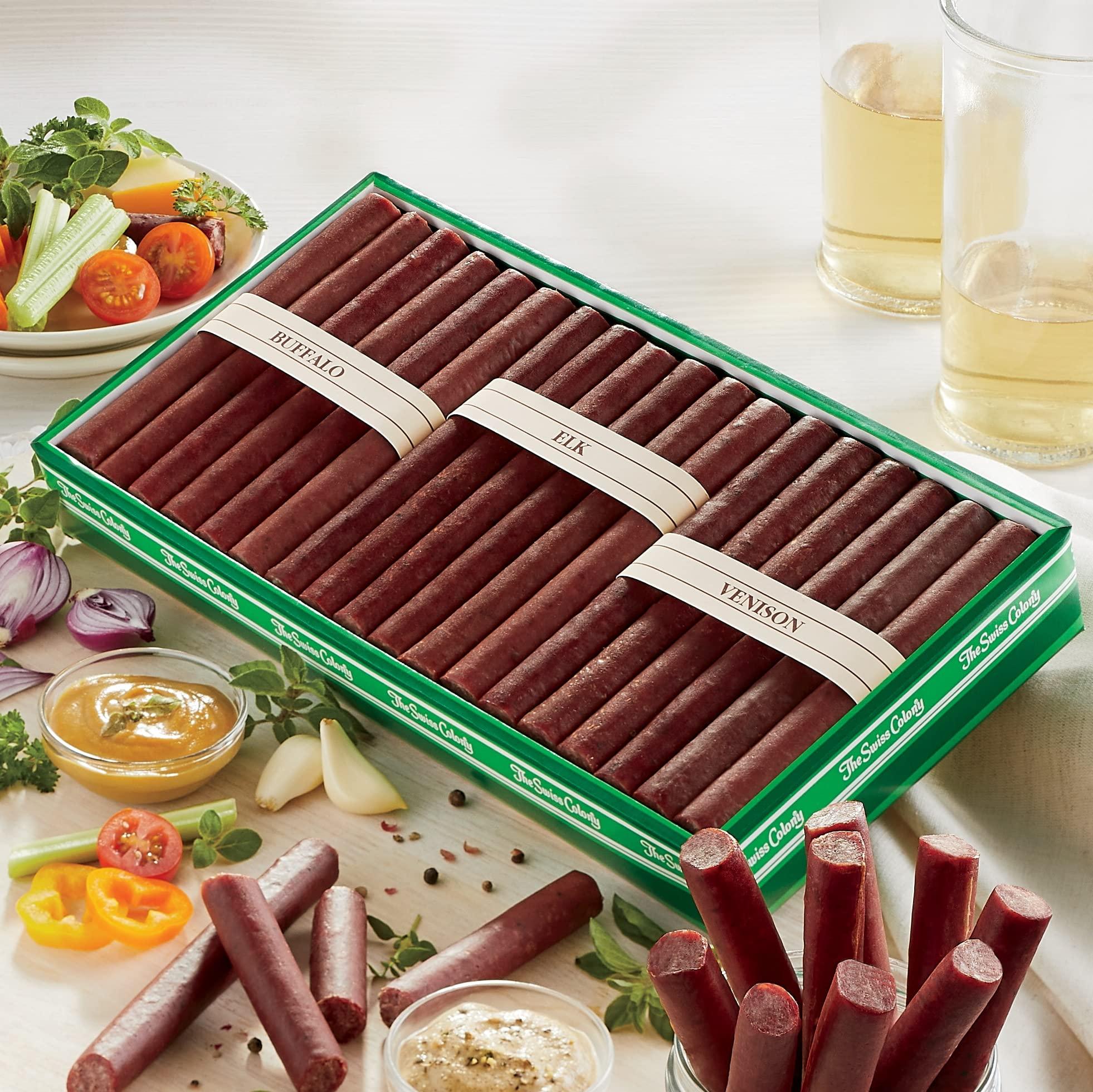 The Swiss Colony The Swiss Colony Wild Game Meat Sticks Gift Box - Includes Exotic Meats: Buffalo, Elk, and Venison Blended with Pork and Beef, Gift Package for Men