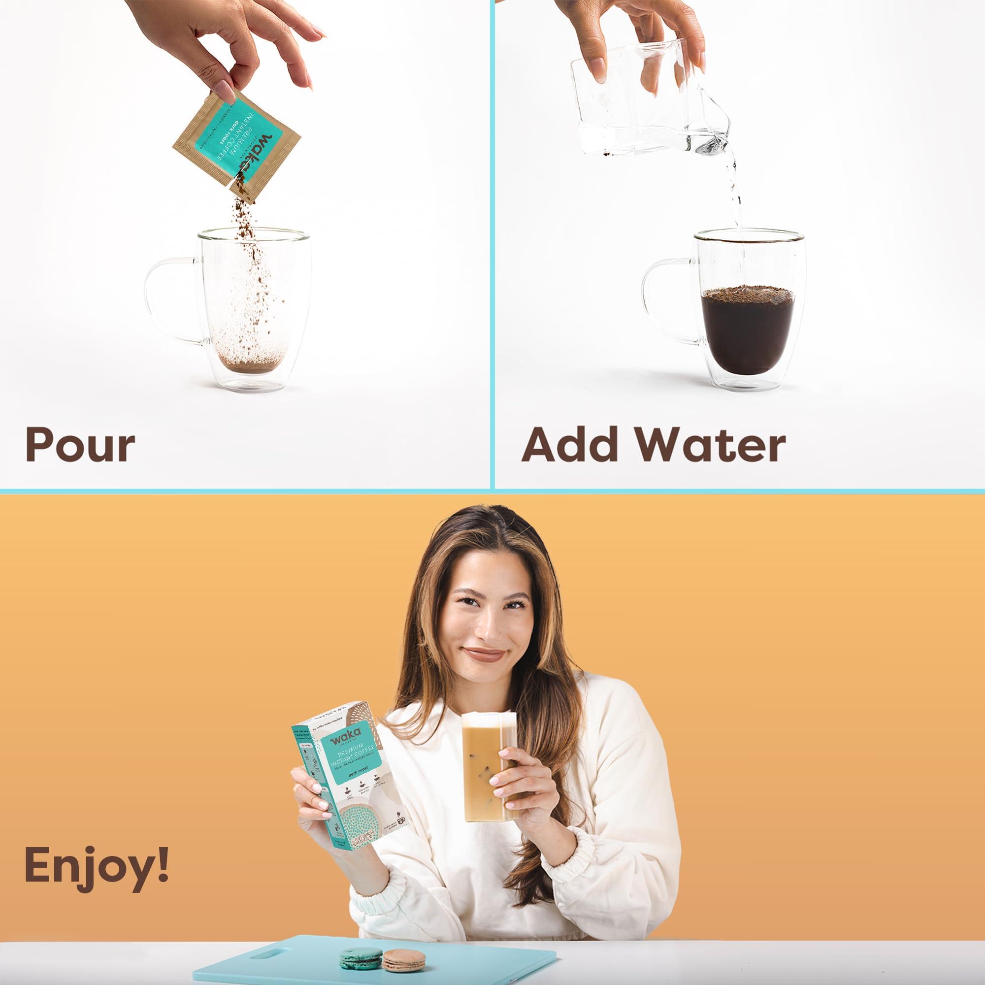 Waka Coffee Waka Instant Coffee, Dark Roast - 100% Arabica Beans, Freeze Dried Granules, No Additives - Single Serve Packets for Quick Hot and Iced Coffees (8 Individual Coffee Packets)