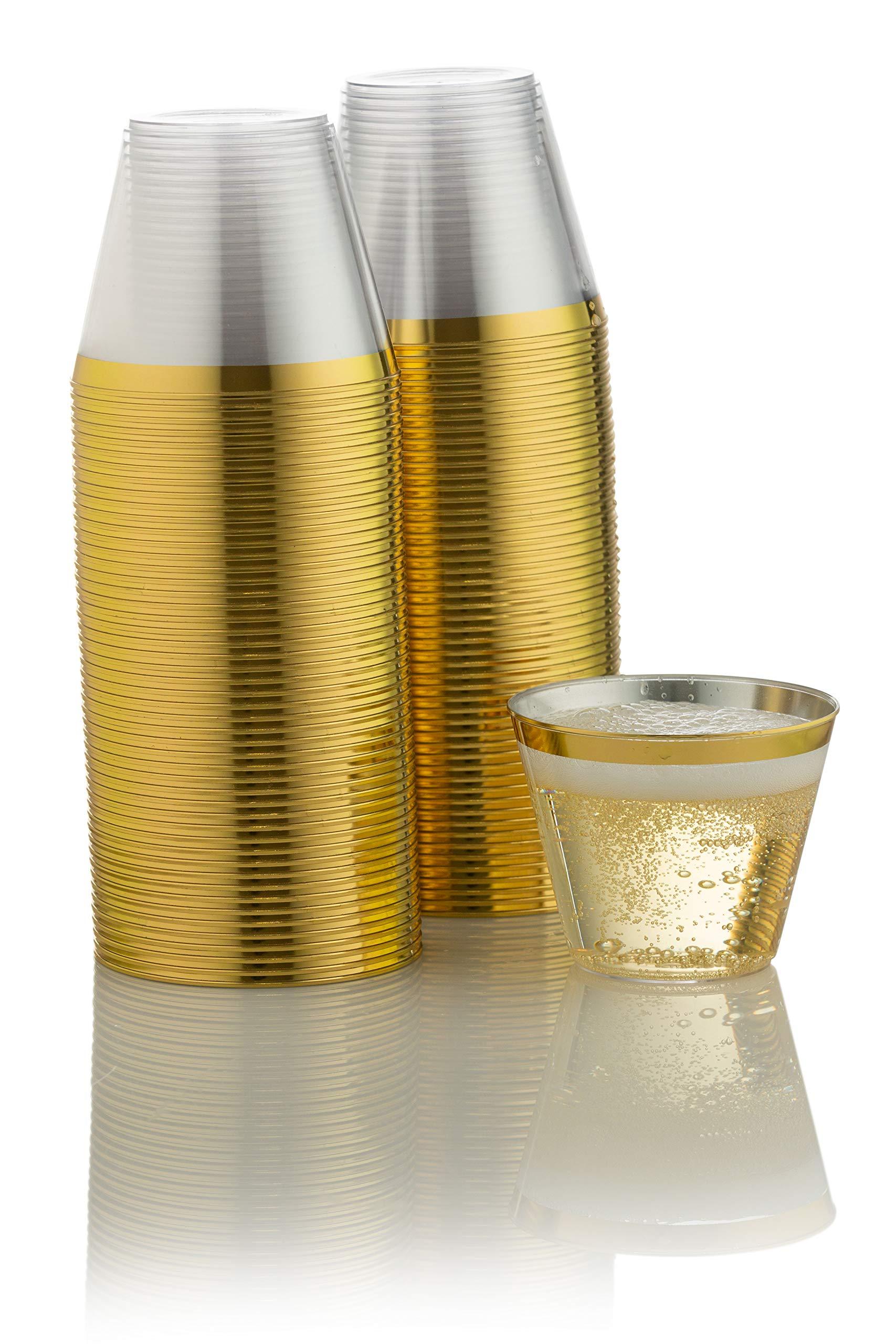 DECPREP Gold Rimmed Clear Cups 9 oz. | Old Fashioned Tumblers | Elegant Plastic Party Cups | Fancy Disposable Wedding Cups | Heavy Duty Gold Rimmed Cups (100 ct)