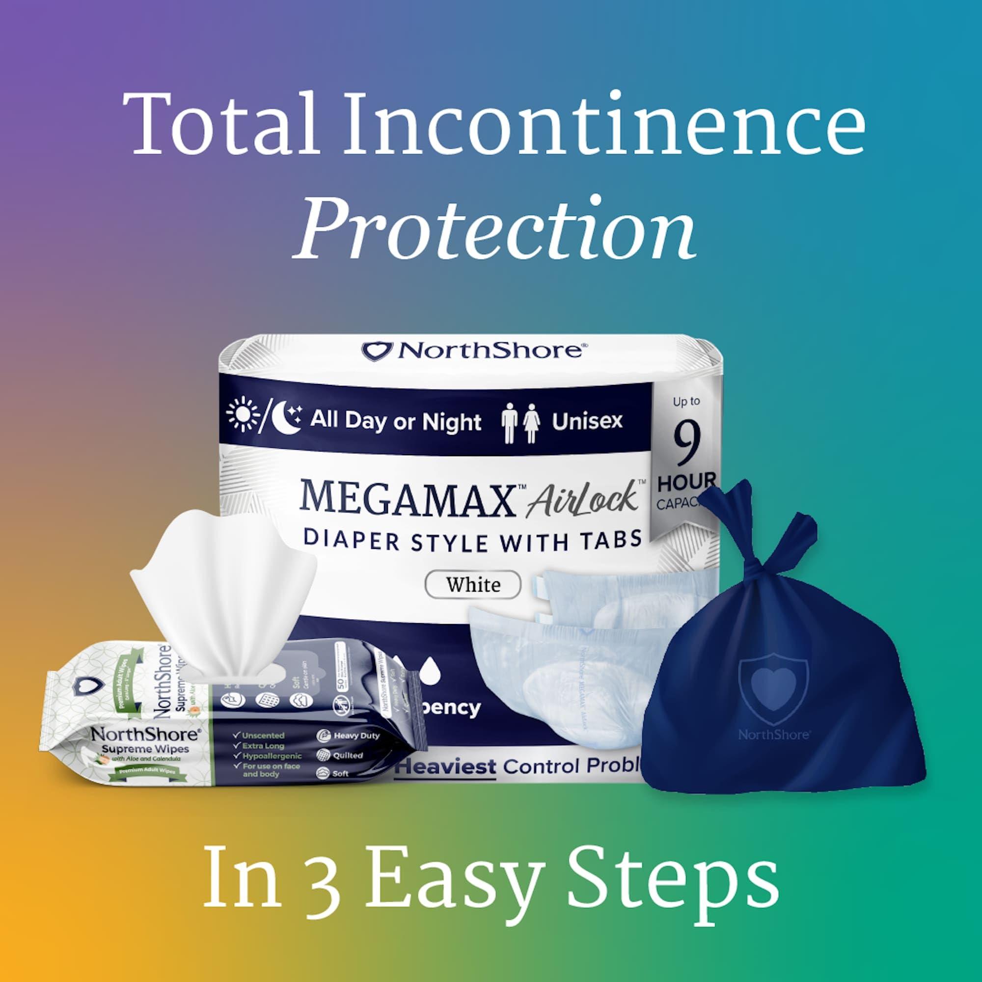 NorthShore NorthShore MegaMax AirLock Breathable 9-Hour Heavy-Duty Tab-Style Adult Diapers, Large, 12 Count Bag, Black, 42-54 inches, Unisex Incontinence Underwear