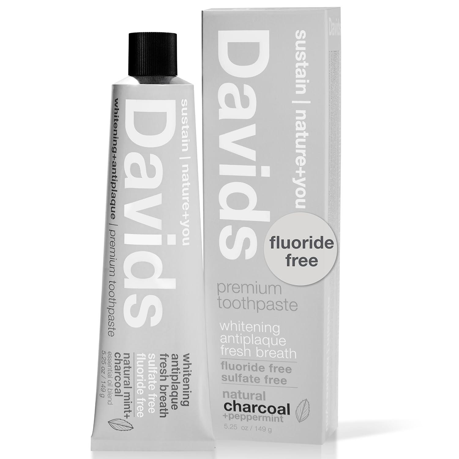 Davids Davids Charcoal Toothpaste for Enhanced Teeth Whitening, Peppermint, Antiplaque, Flouride Free, SLS Free, Enamel Safe, Toothpaste Squeezer Included, Recyclable Metal Tube, 5.25oz