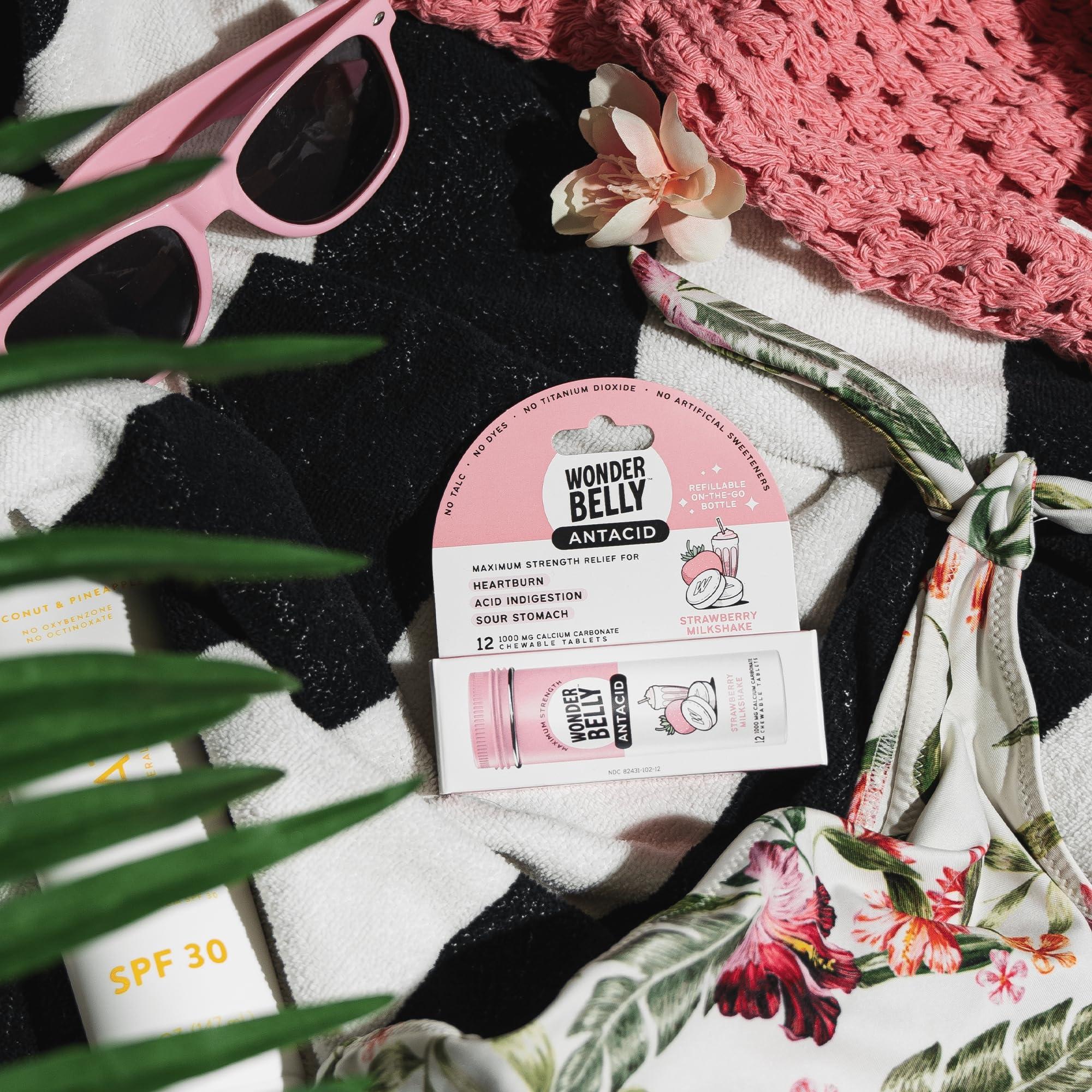 Wonderbelly Wonderbelly Antacid, Effective Heartburn & Instant Acid Indigestion Relief, Travel Size Extra Strength Chewable Tablets, 1000 mg Calcium Carbonate, Strawberry Milkshake, 12 Count (Pack of 2)