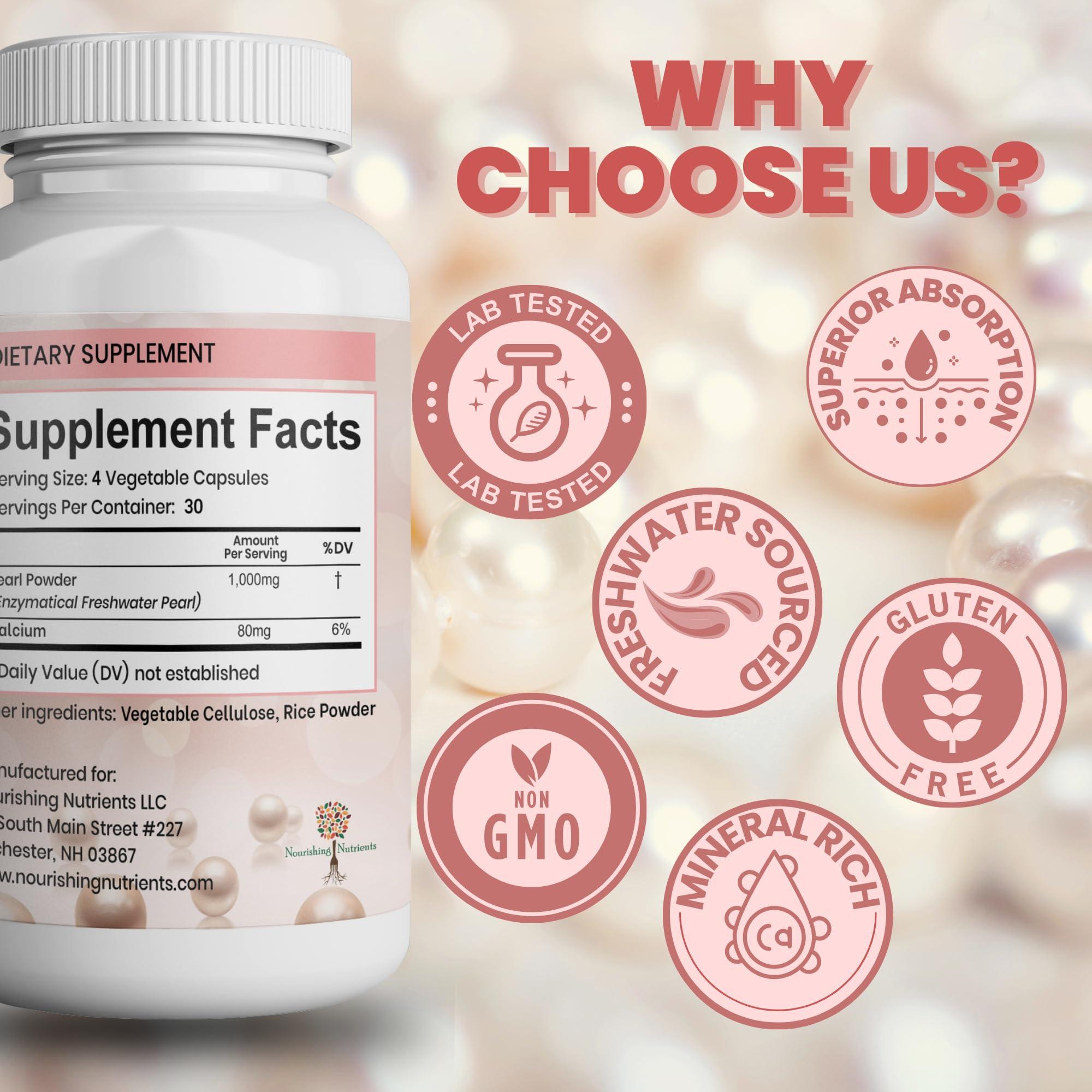 Nourishing Nutrients Pearl Powder Supplement for Skin Health - Anti-Aging, Antioxidant & Collagen Production - Healthy Eyes, Hair & Nails, Supports Immunity, Mood and Sleep - With Calcium & Amino Acids 120 capsules 1000mg