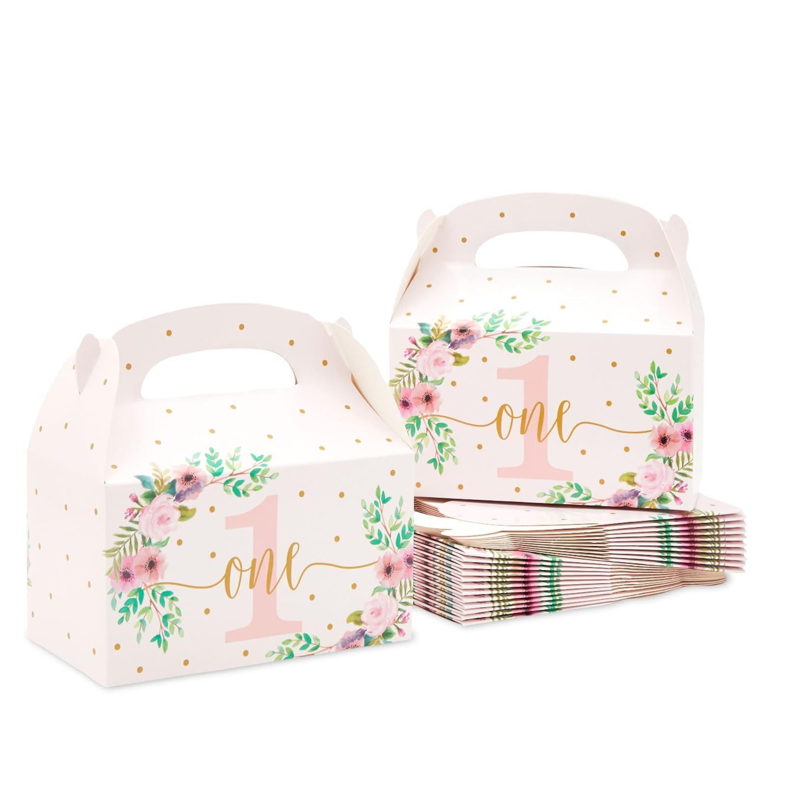 BLUE PANDA BLUE PANDA 24 Pack Pink Floral Present Boxes for 1st Birthday Party Favors - Goodie Gable Box (6.2 x 3.6 x 3.3 in) - First Birthday Candy Boxes for Girls - Gable Boxes for One Year Old