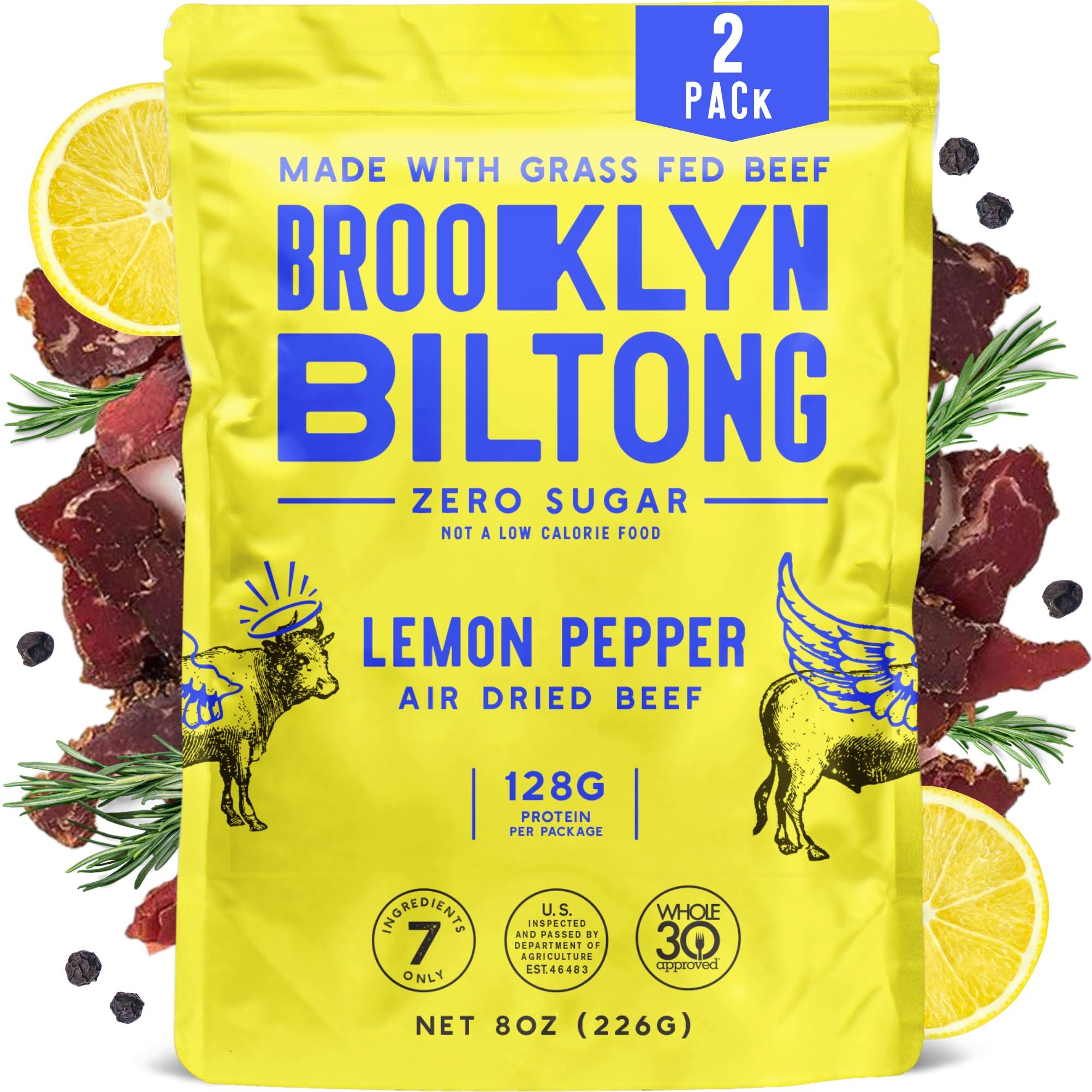 Brooklyn Biltong Brooklyn Biltong Air Dried Grass Fed Beef Snack, South African Beef Jerky (8oz, Pack of 2) - Whole30 Approved, Paleo, Keto, Gluten Free, Sugar Free, Made in USA - (Lemon Pepper)