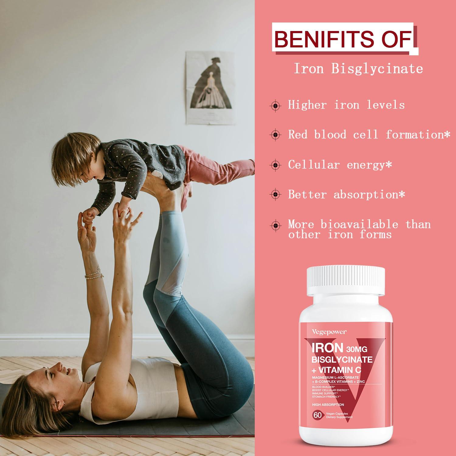 VEGEPOWER Iron Bisglycinate Supplement for Women & Men - 30mg Iron Pills with Vitamin C, B12, Folic Acid - Chelated Iron for Anemia, Blood Builder - High Absorption, Gluten-Free, Non-GMO - 60 Vegan Caps