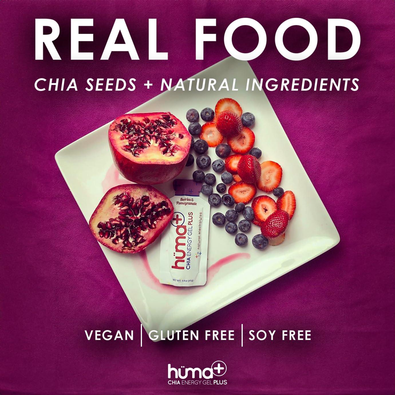 HÜMA CHIA ENERGY GEL Huma Plus (Double Electrolytes) - Chia Energy Gel, Lemon Lime, 24 Gels, 1x Caffeine - Stomach Friendly, Real Food Energy Gels