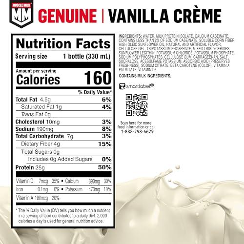 Muscle Milk Muscle Milk Genuine Protein Shake, Vanilla Creme, 11.16 Fl Oz Bottle, 12 Pack, 25g Protein, Zero Sugar, Calcium, Vitamins A, C & D, 5g Fiber, Energizing Snack, Workout Recovery, Packaging May Vary