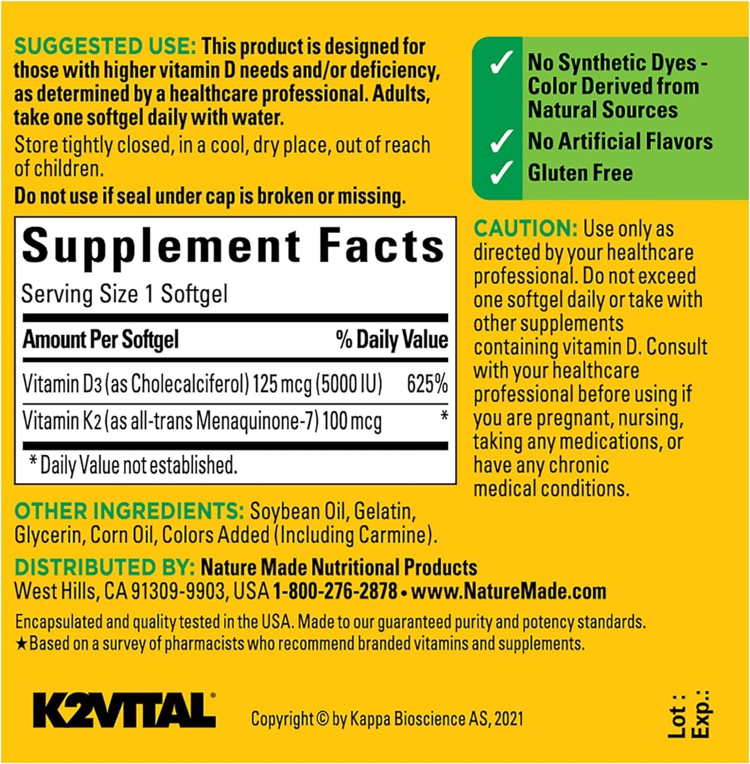 Nature Made Nature Made Vitamin D3 K2, 5000 IU (125 mcg) Vitamin D, Dietary Supplement for Bone, Teeth, Muscle and Immune Health Support, 30 Softgels, 30 Day Supply - Pack of 2