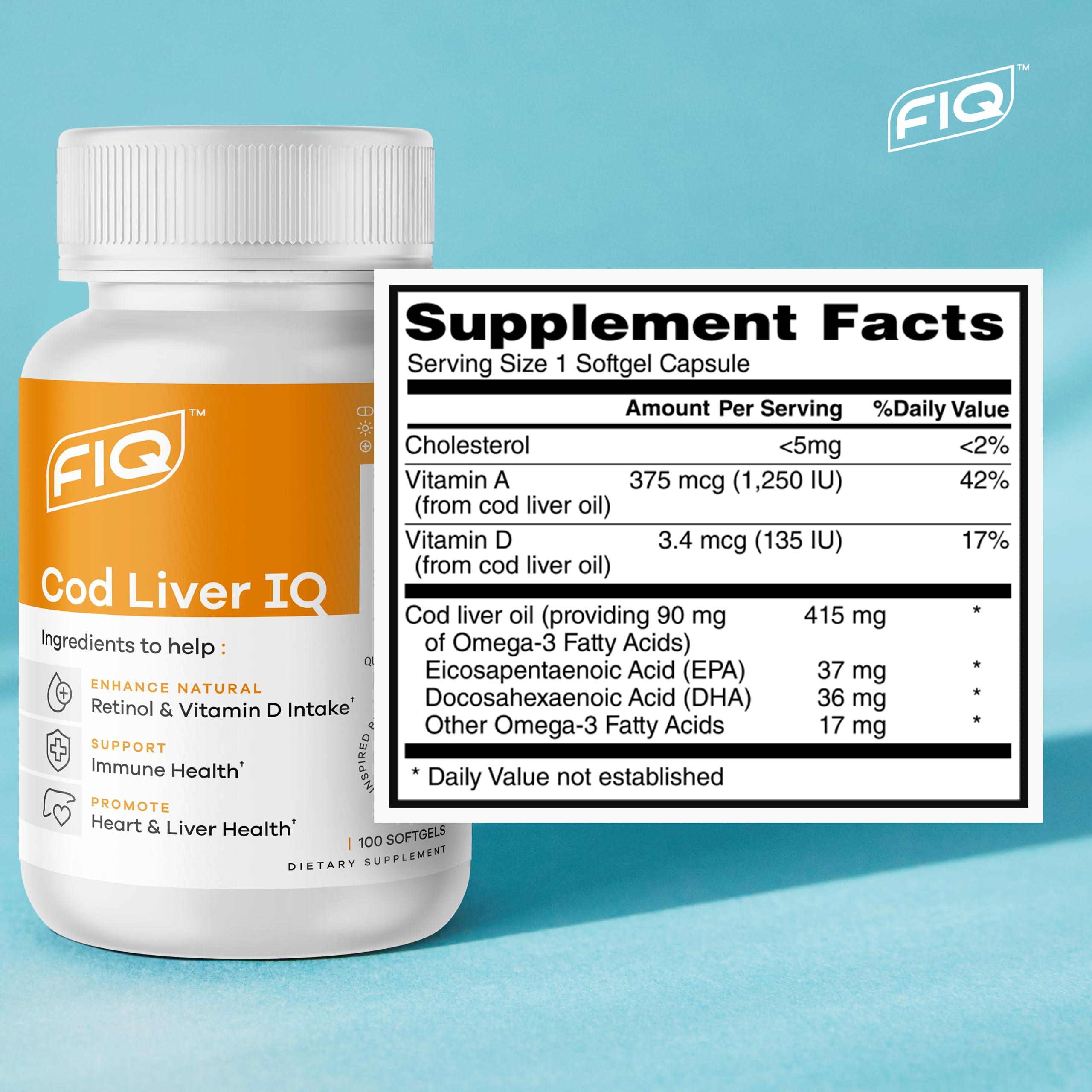 FIQ FIQ - Cod Liver IQ - Cod Liver Oil Softgels - Natural Source of Vitamins A & D and Omega-3 Fatty Acids - Heart, Liver & Immune Health - 100 Softgels