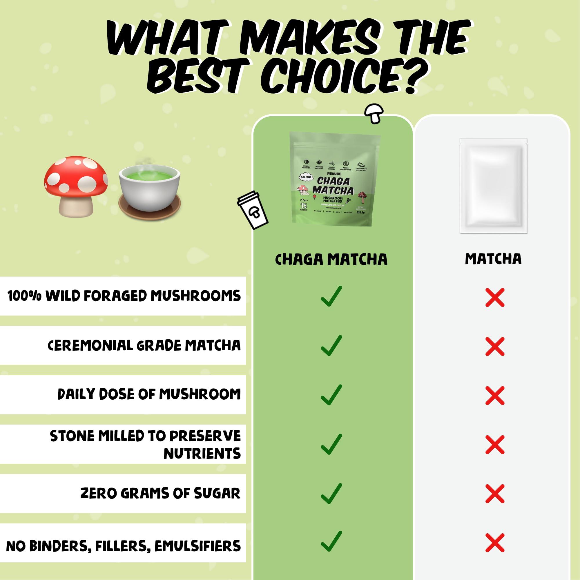 Renude Renude Chaga Matcha - Chaga Mushroom Powder, Matcha Superfood Drink Mix with Adaptogens, Ceremonial Grade Mushroom Matcha, Keto, Vegan, Sugar Free, Natural Energy and Immune Support - 10 Servings